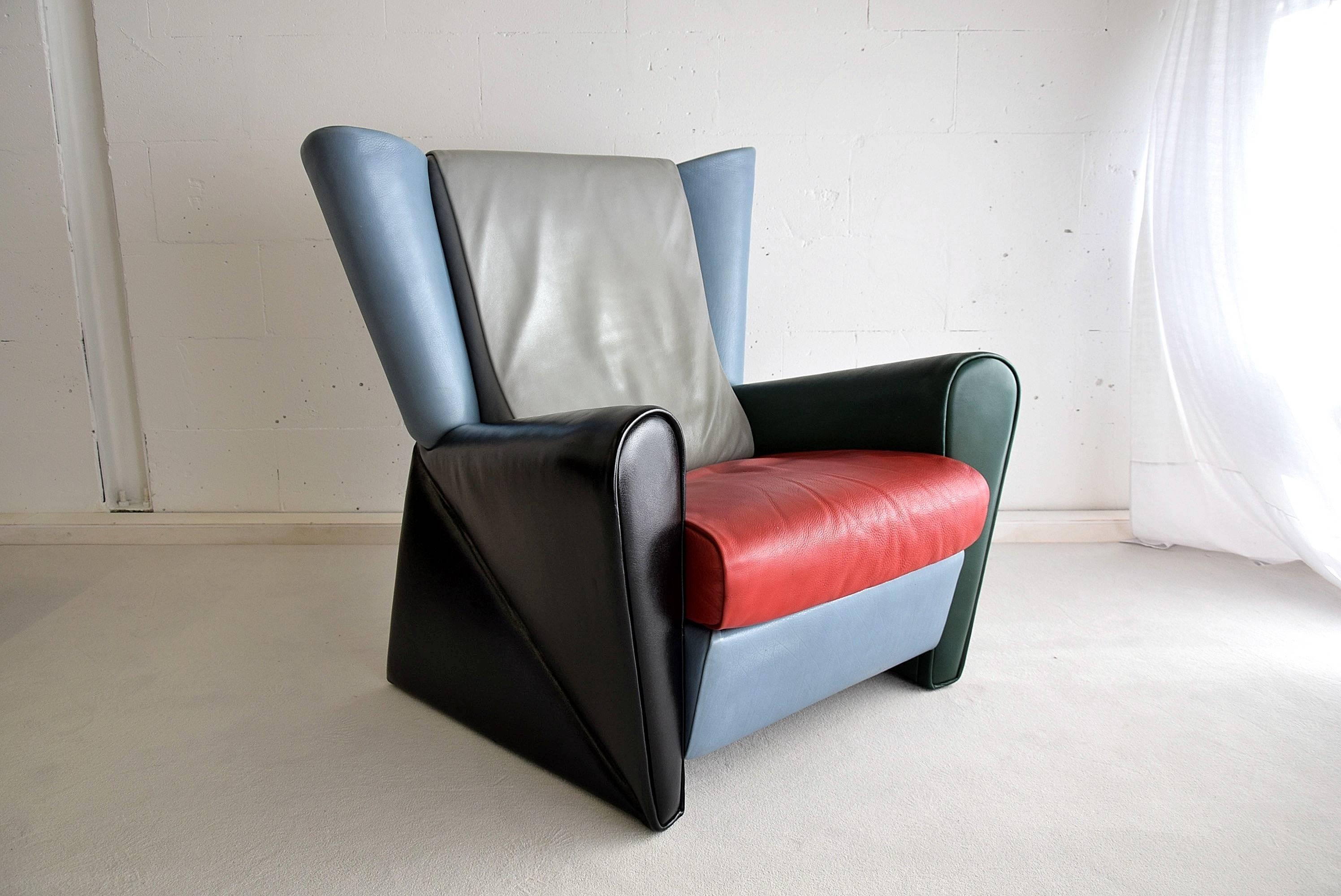 Italian Post Modern Alessandro Mendini Multi Color Leather Lounge Chair 2