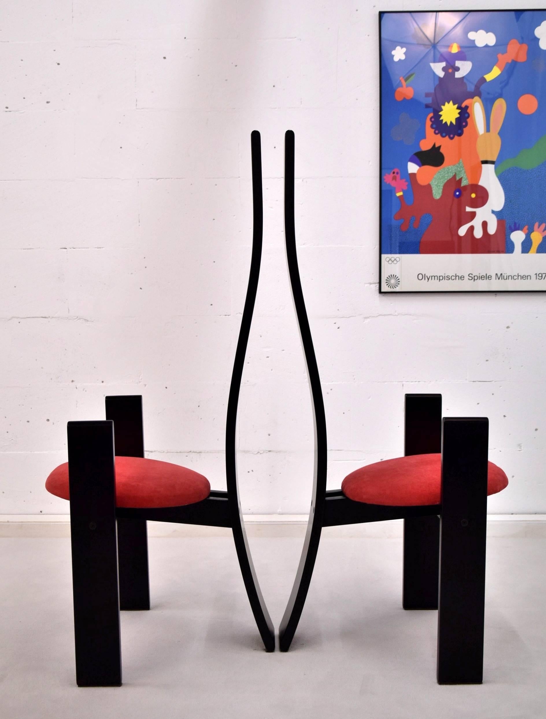 Wood Mid century Modern Black and Red Dining Chairs by Vico Magistretti