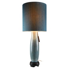 Mid Century Blue Green Turquoise Ceramic Table lamp with a Blue Grey Silk Shade