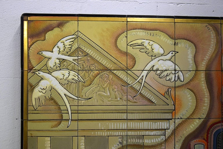 Hand Painted Unique Ceramic Tiles Mid Century Modern Big Wall Art For Sale at 1stdibs