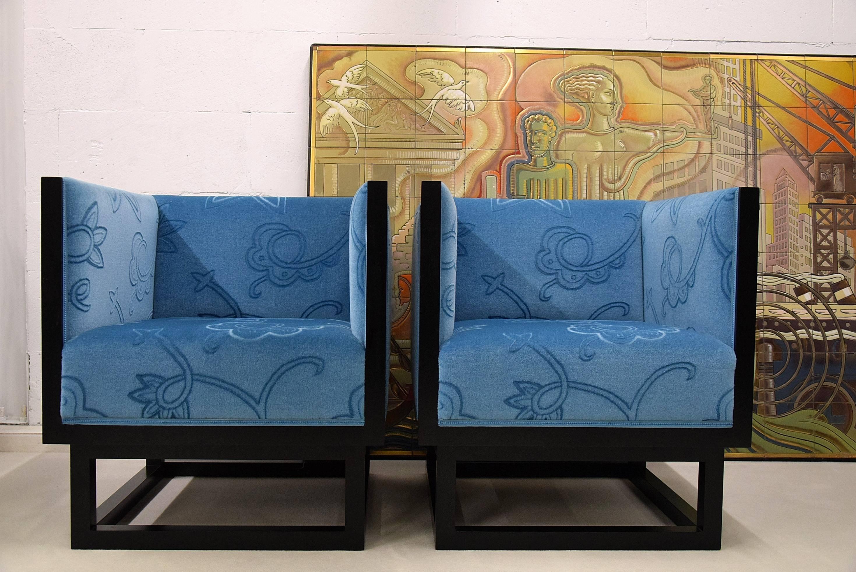 Josef Hoffmann Blaue Cabinett Lounge Stühle (Österreichisch) im Angebot