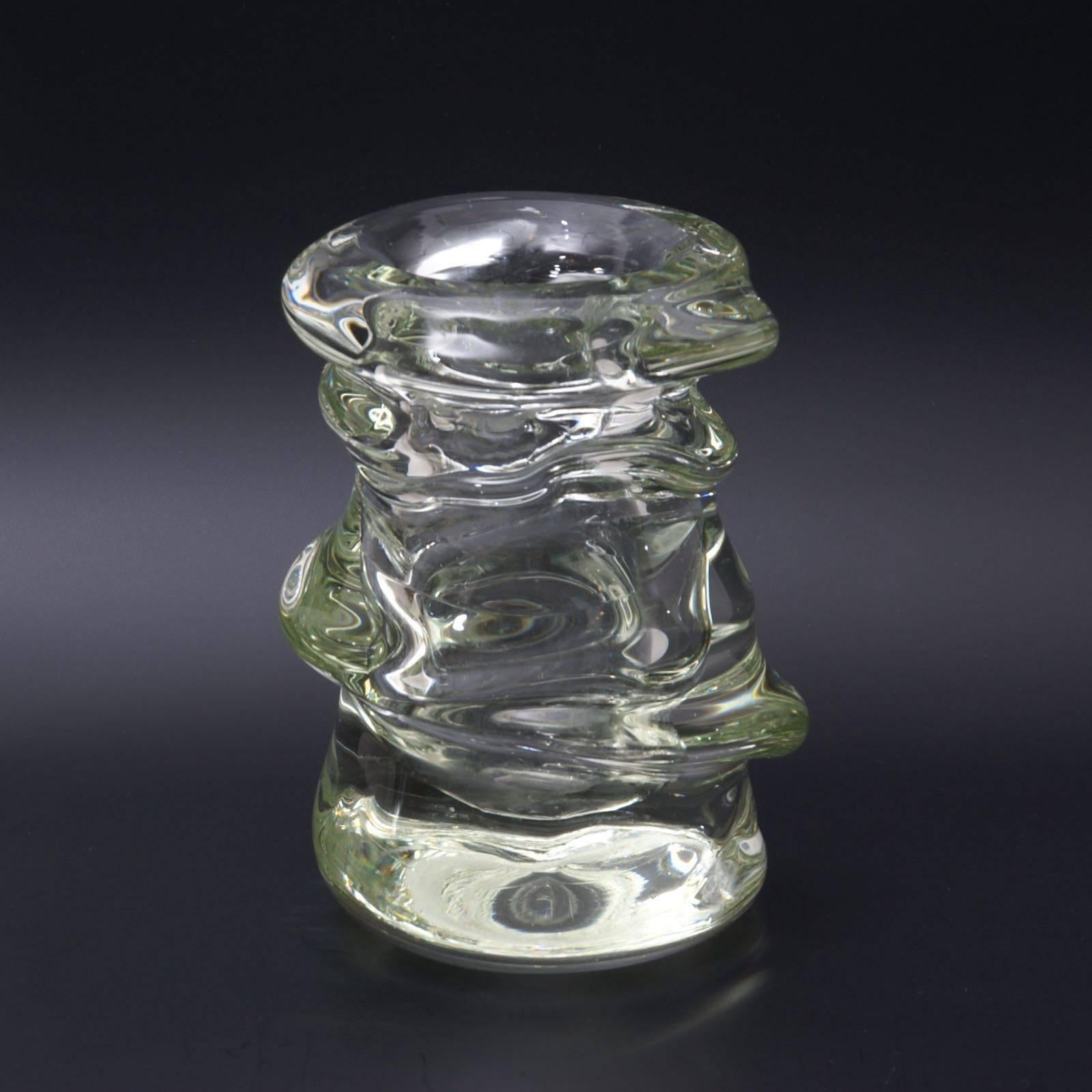 Heavy blown clear glass irregular shape vase by André Thuret, engraved signature underneath, see image 5, very good condition.