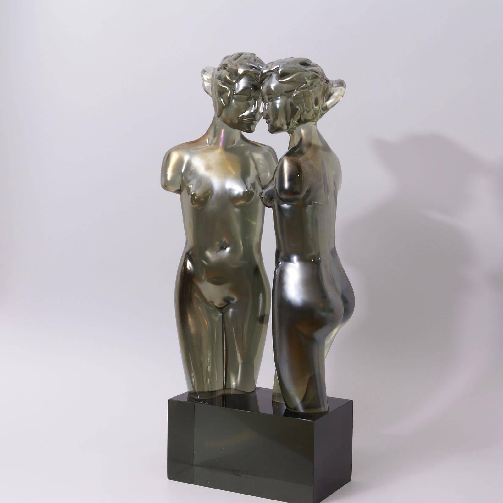 Large Murano glass sculpture by Loredano Rosin. The two women slightly iridescent grey glass on a grey glass base. Engraved signature 