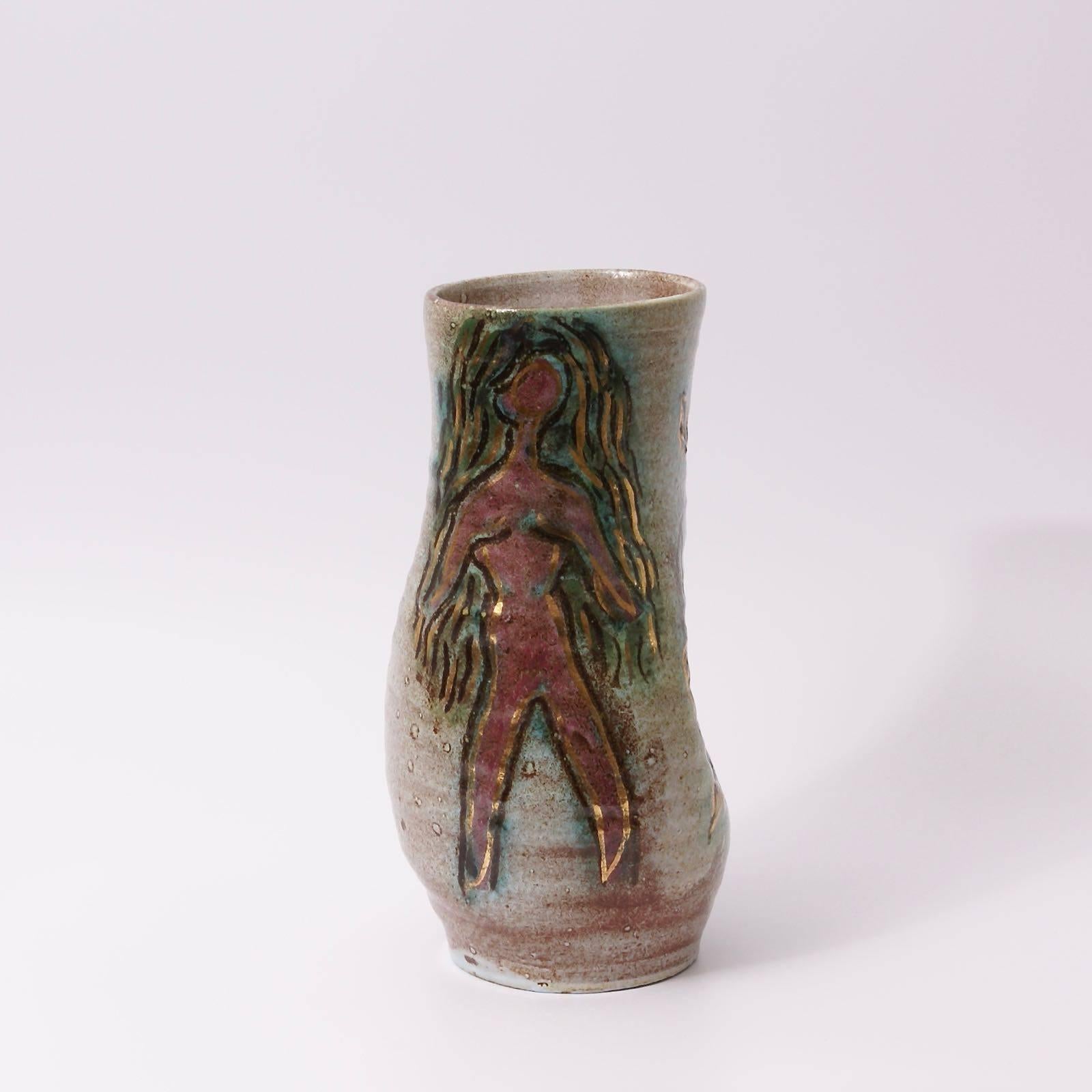French 1950 Asymmetrical Accolay Ceramic Vase For Sale