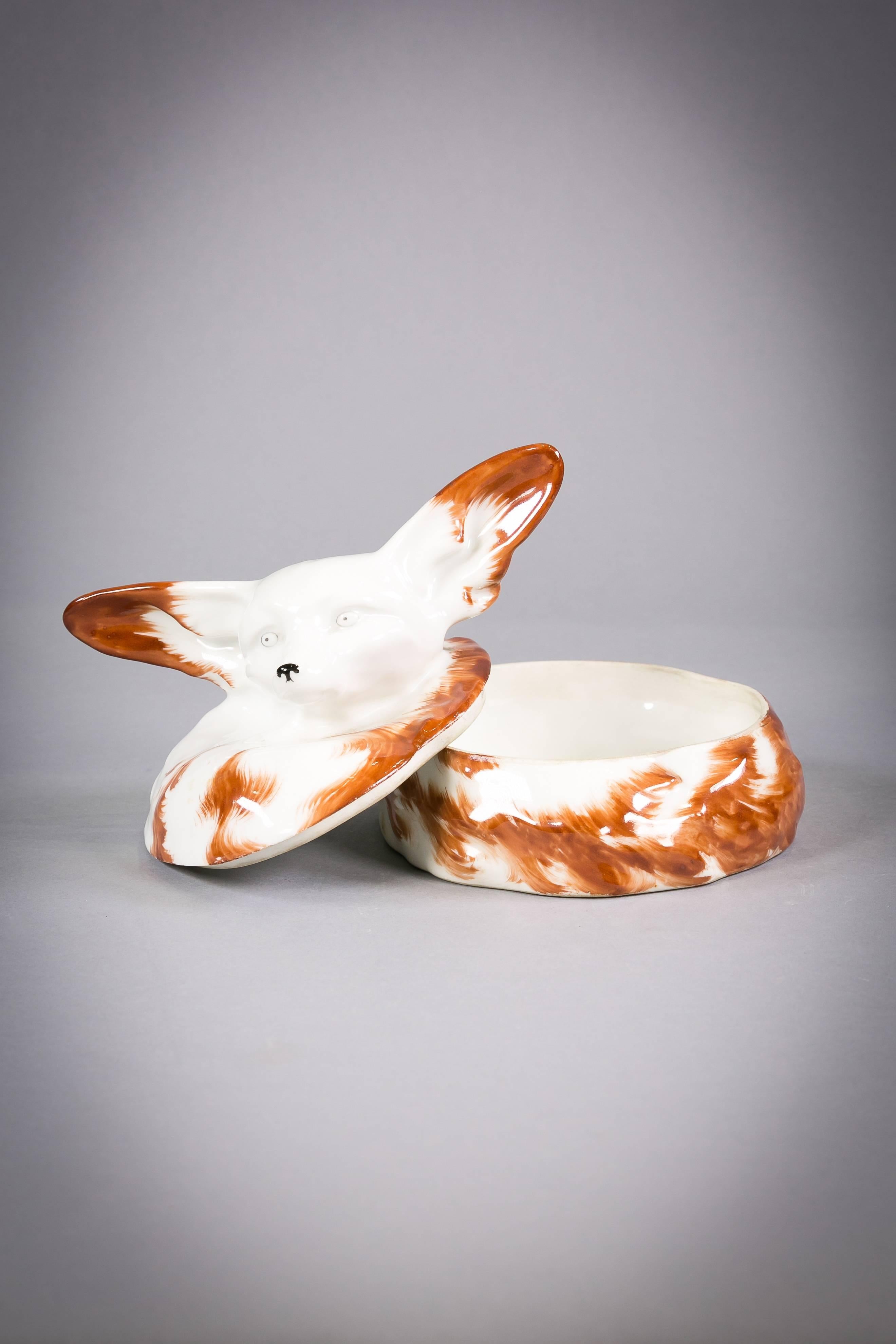 French porcelain fennec fox box, Theodore Haviland Limoges, circa 1960. Signed by the artist Gerard Sandoz.