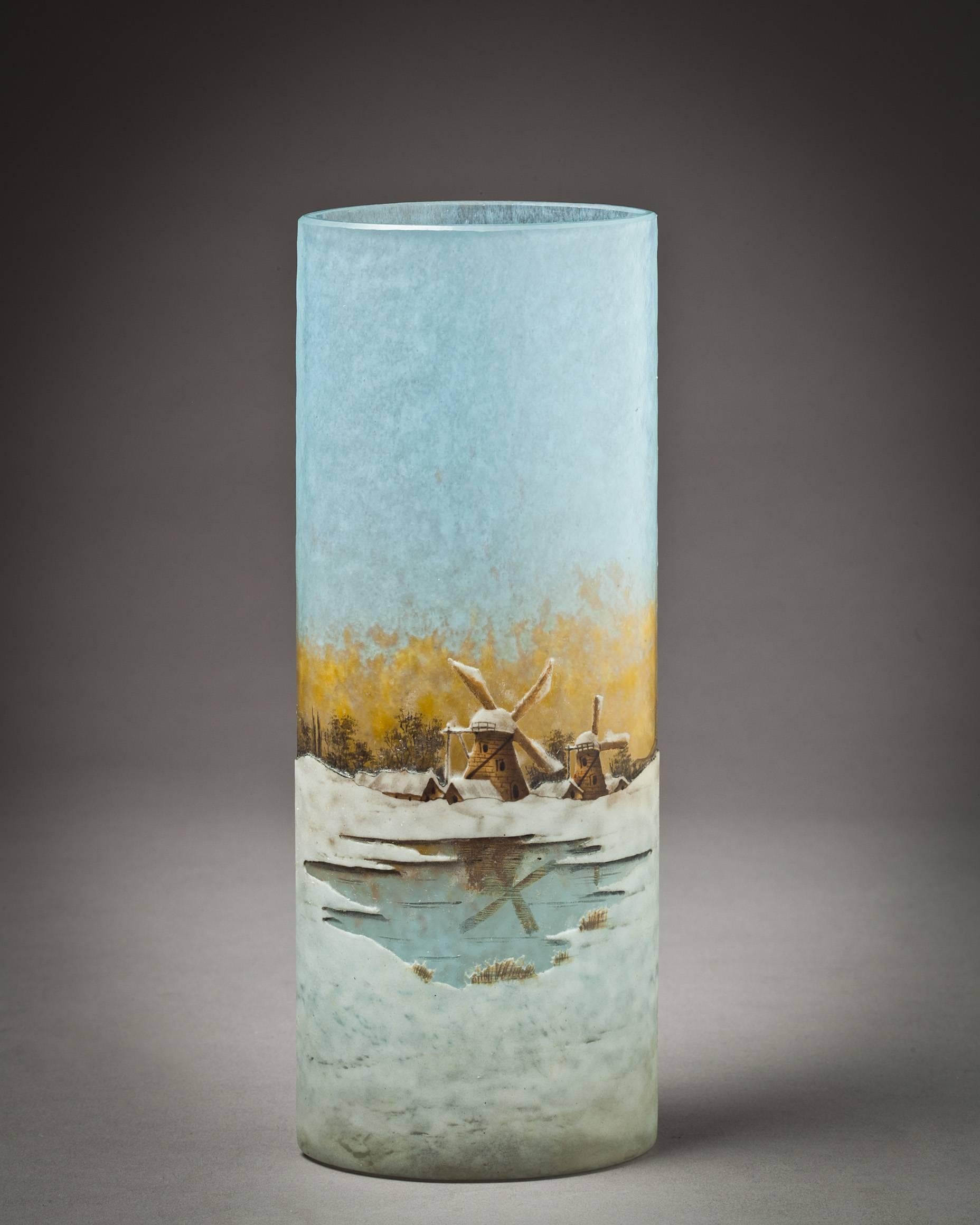 Daum Nancy Dutch landscape vase, circa 1900.

Signed, 