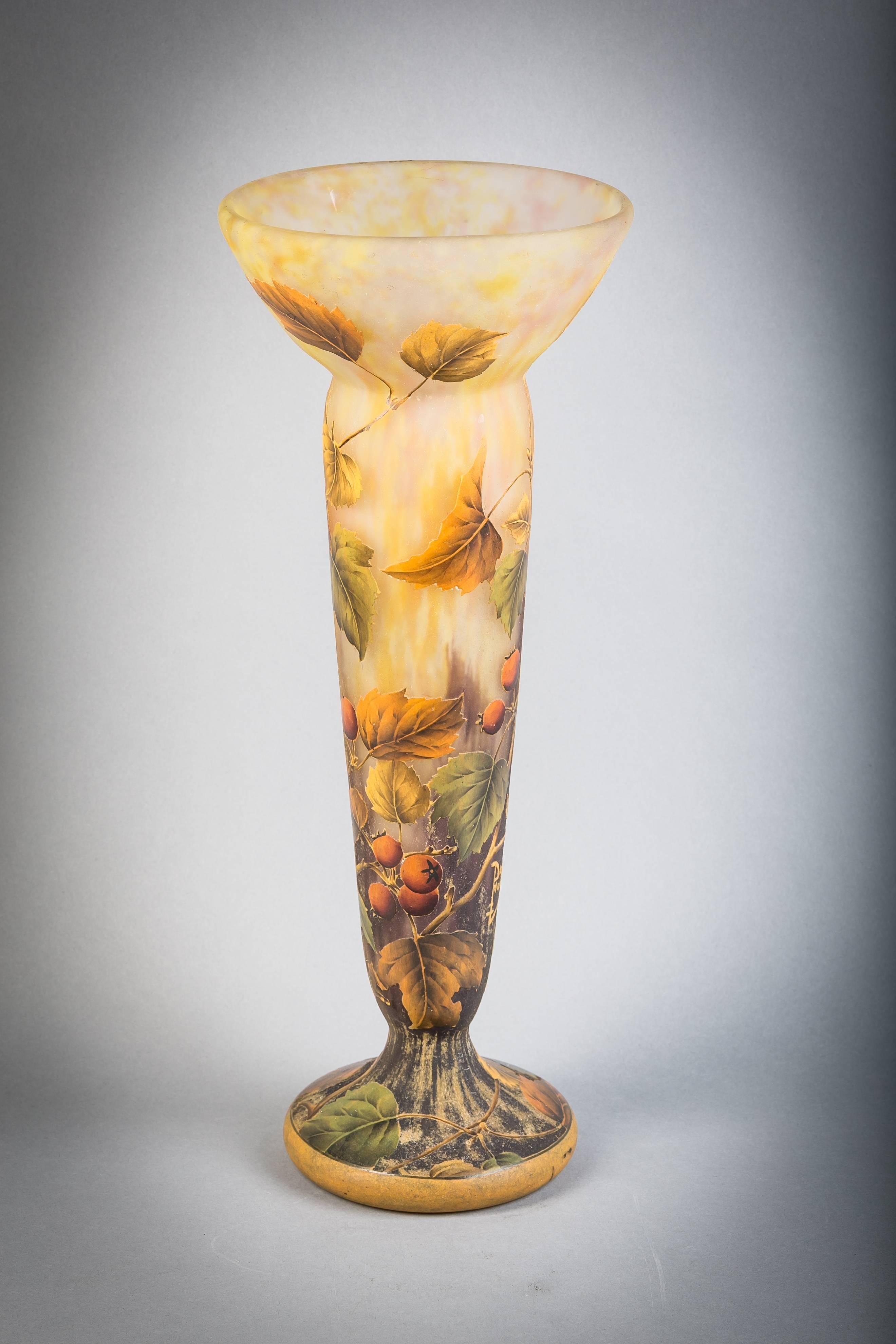 An enameled cameo glass vase signed in cameo Daum Nancy with Cross of Lorraine, circa 1910.