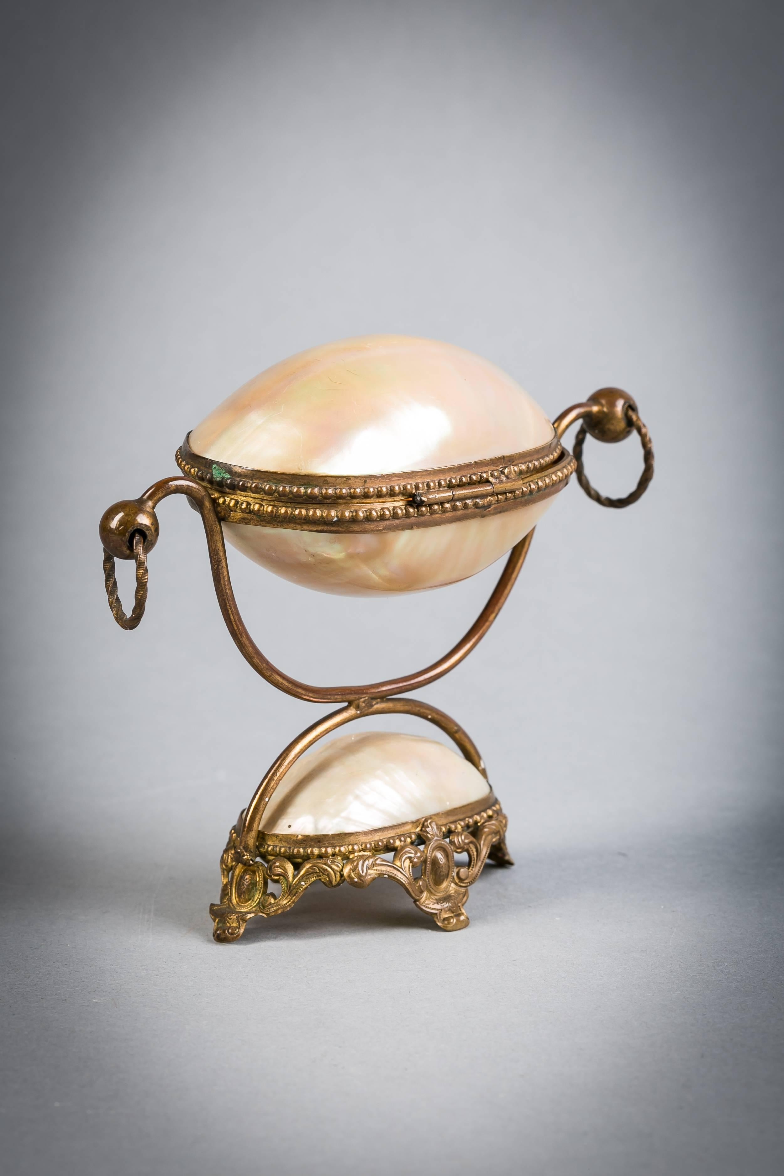19th Century French Brass Mounted Mother of Pearl Shell Box, circa 1880