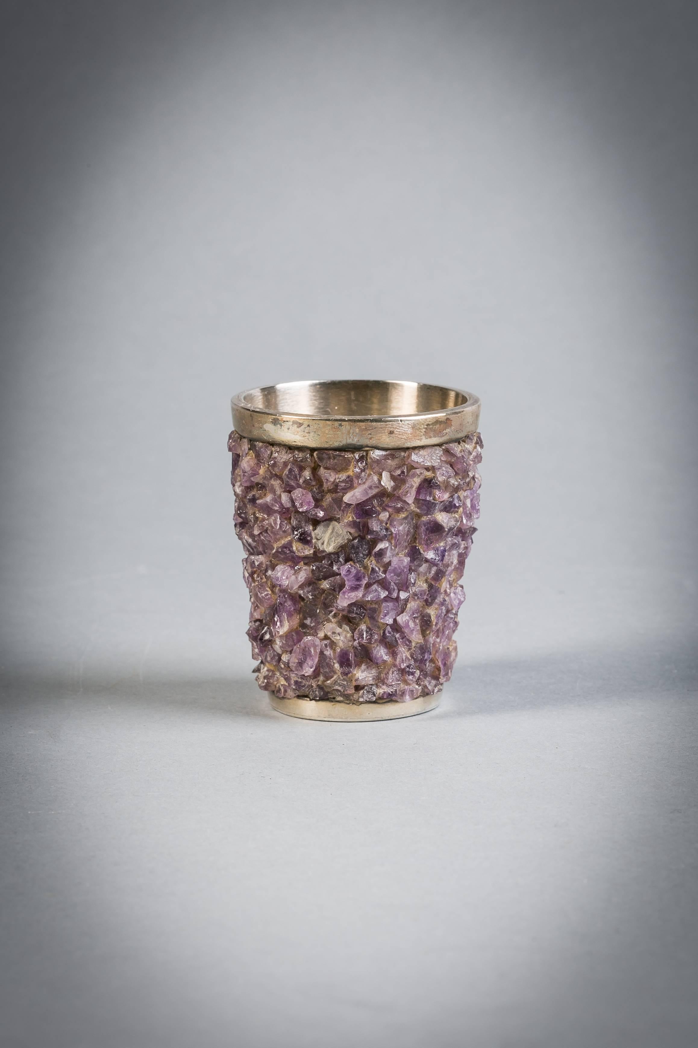 Set of six Mexican sterling silver and amethyst quartz shot glasses and tray.