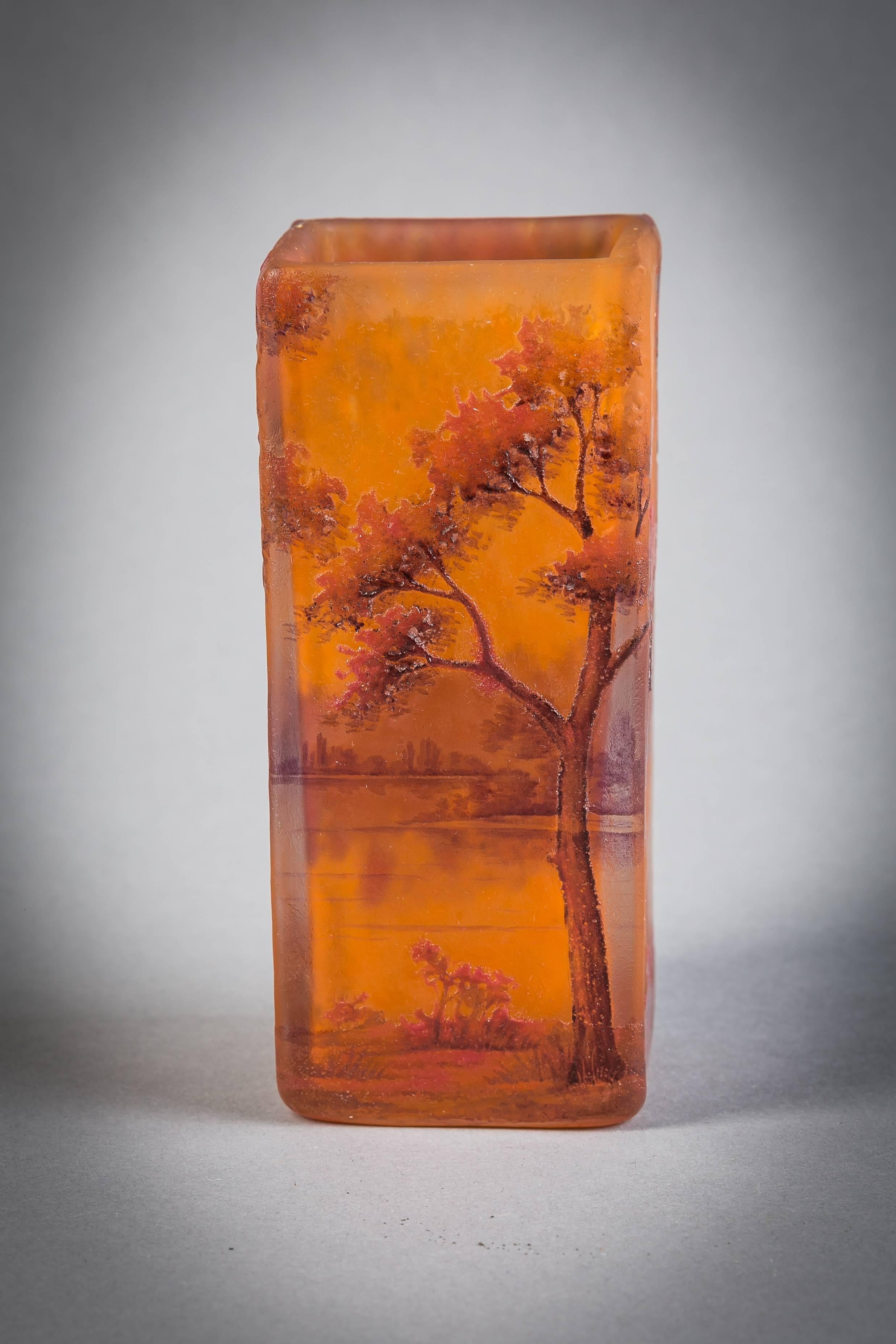 Cameo riverscape vase. Signed Daum Nacy with the Cross of Lorraine.