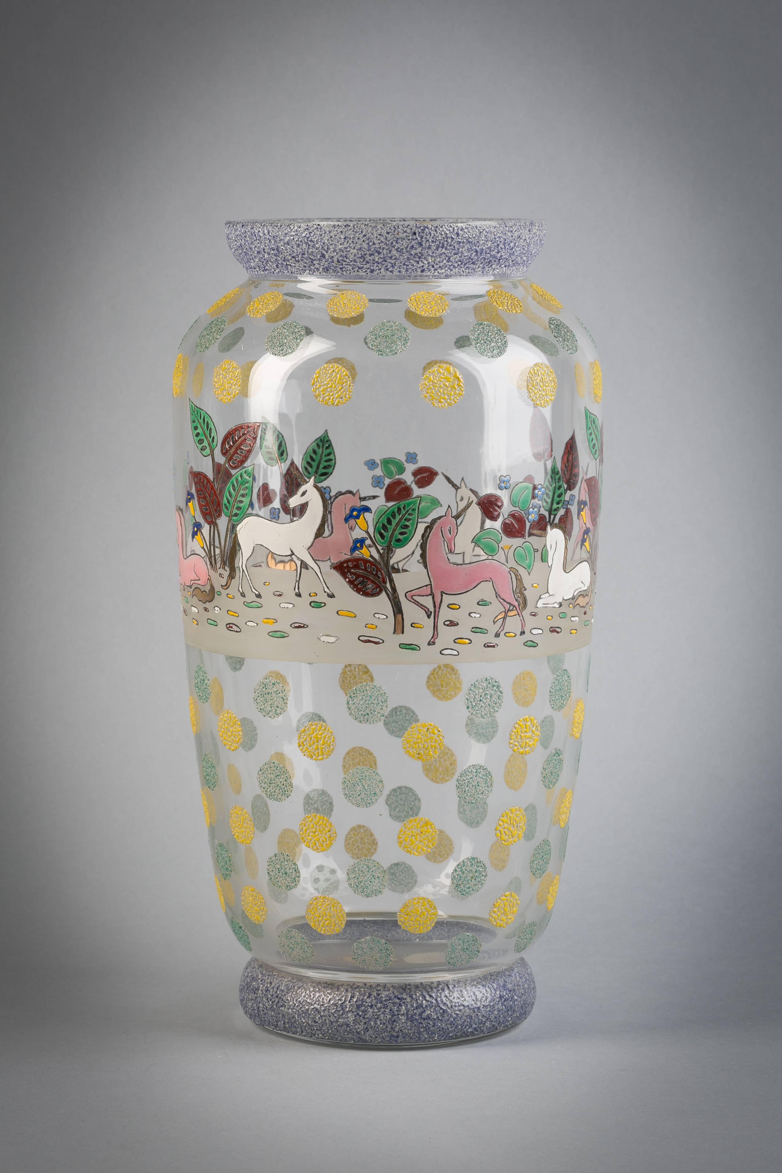 Enameled unicorn glass vase, circa 1910.

 