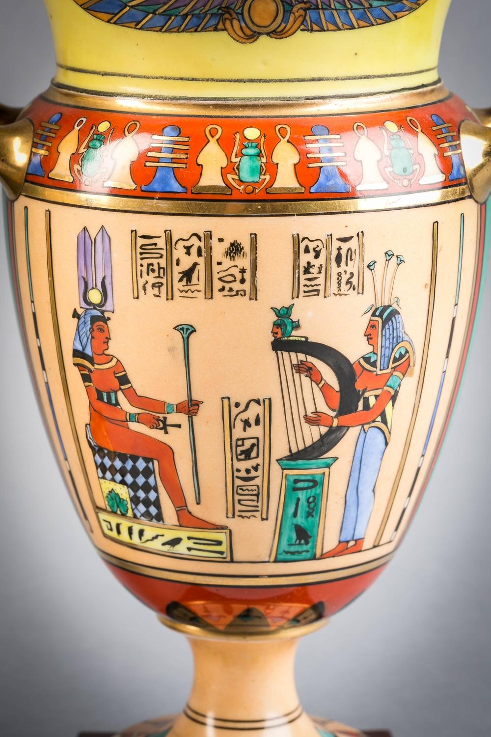 Pair of Paris Porcelain Egyptian Motif Vases, circa 1860 For Sale at