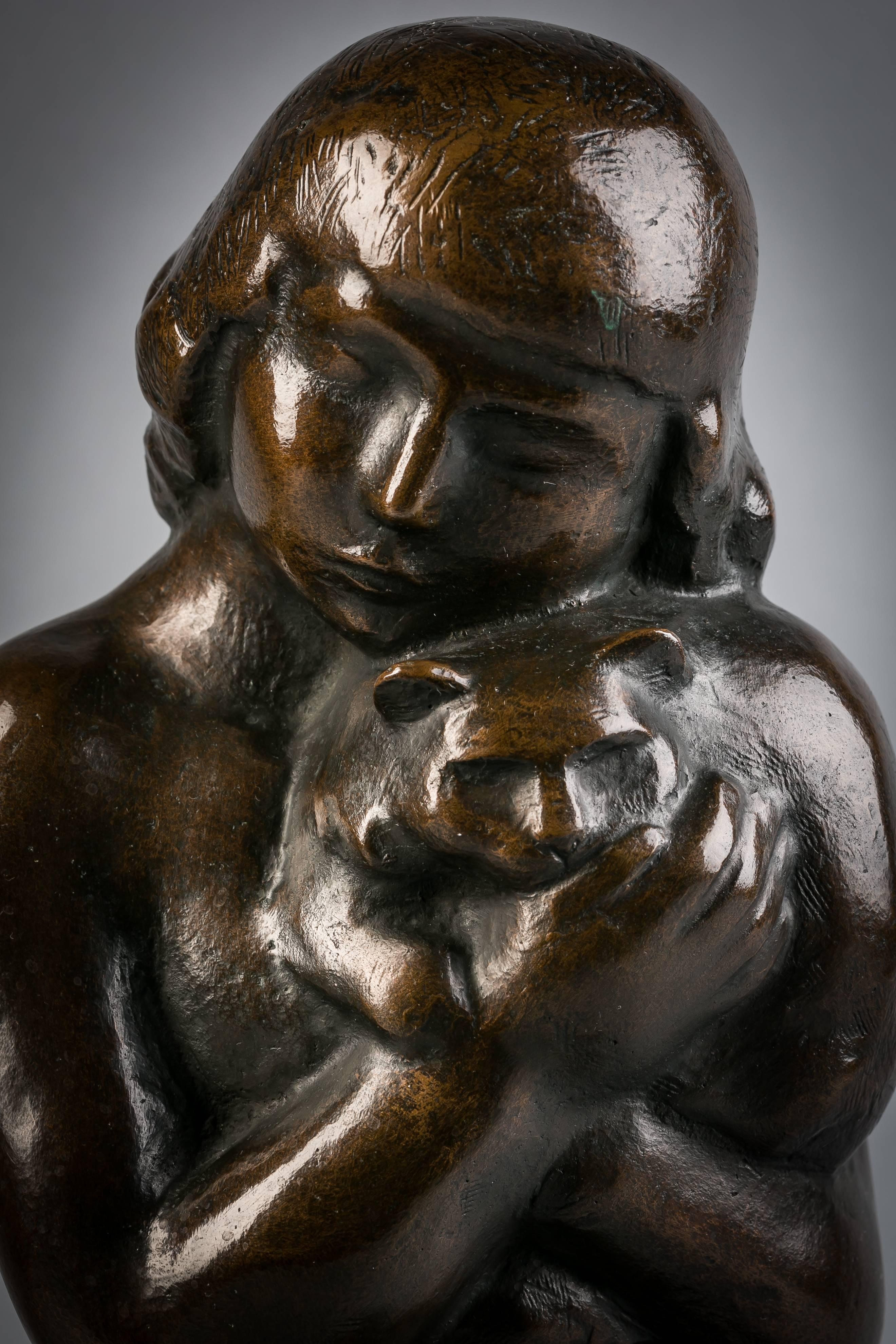 Fille en bronze avec des chats, William Zorach, vers 1920 Excellent état - En vente à New York, NY