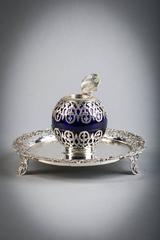 English Victorian Silver and Blue Glass Inkwell