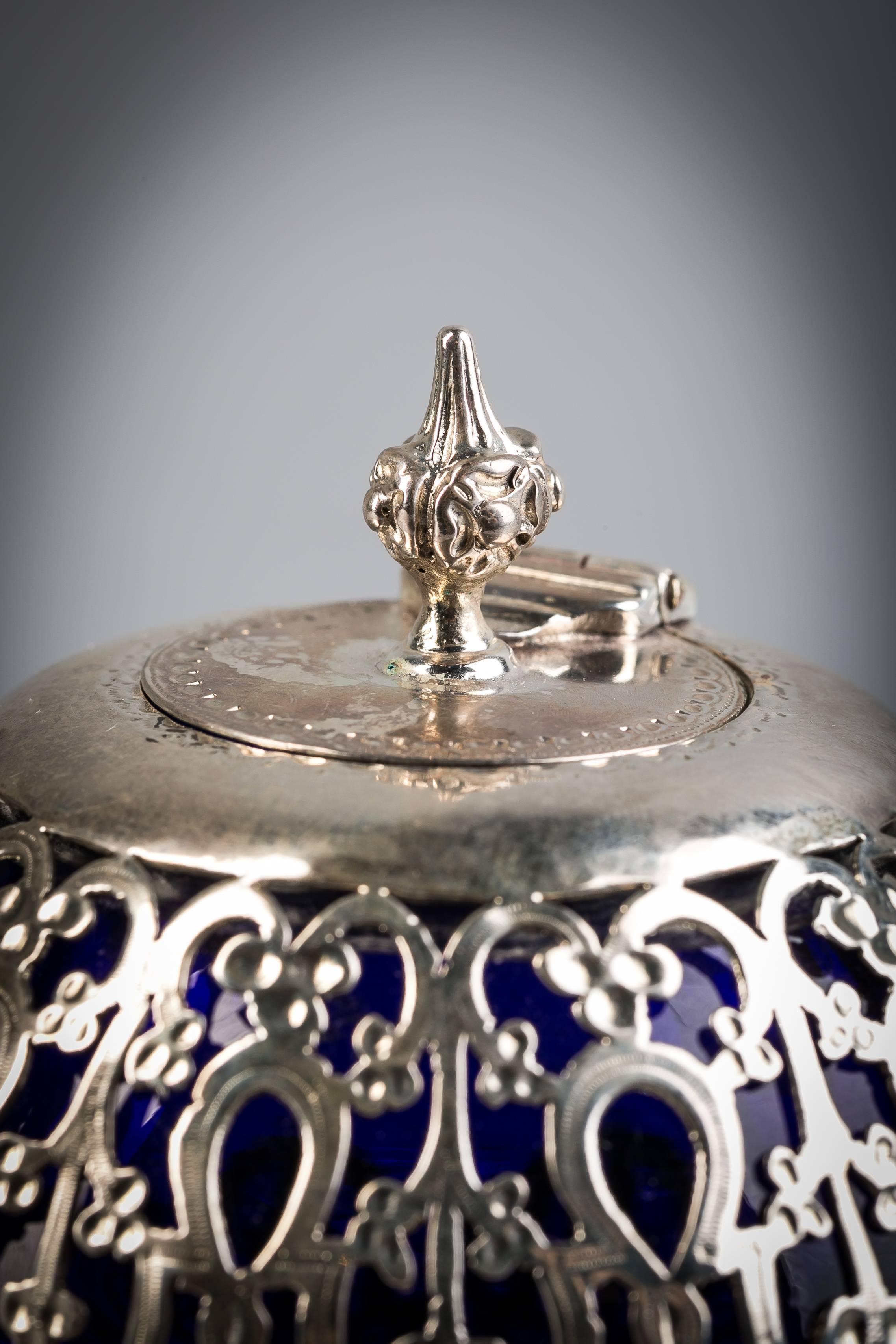 19th Century English Victorian Silver and Blue Glass Inkwell For Sale