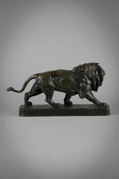 Figura francesa de bronce de un león a zancadas, hacia 1860