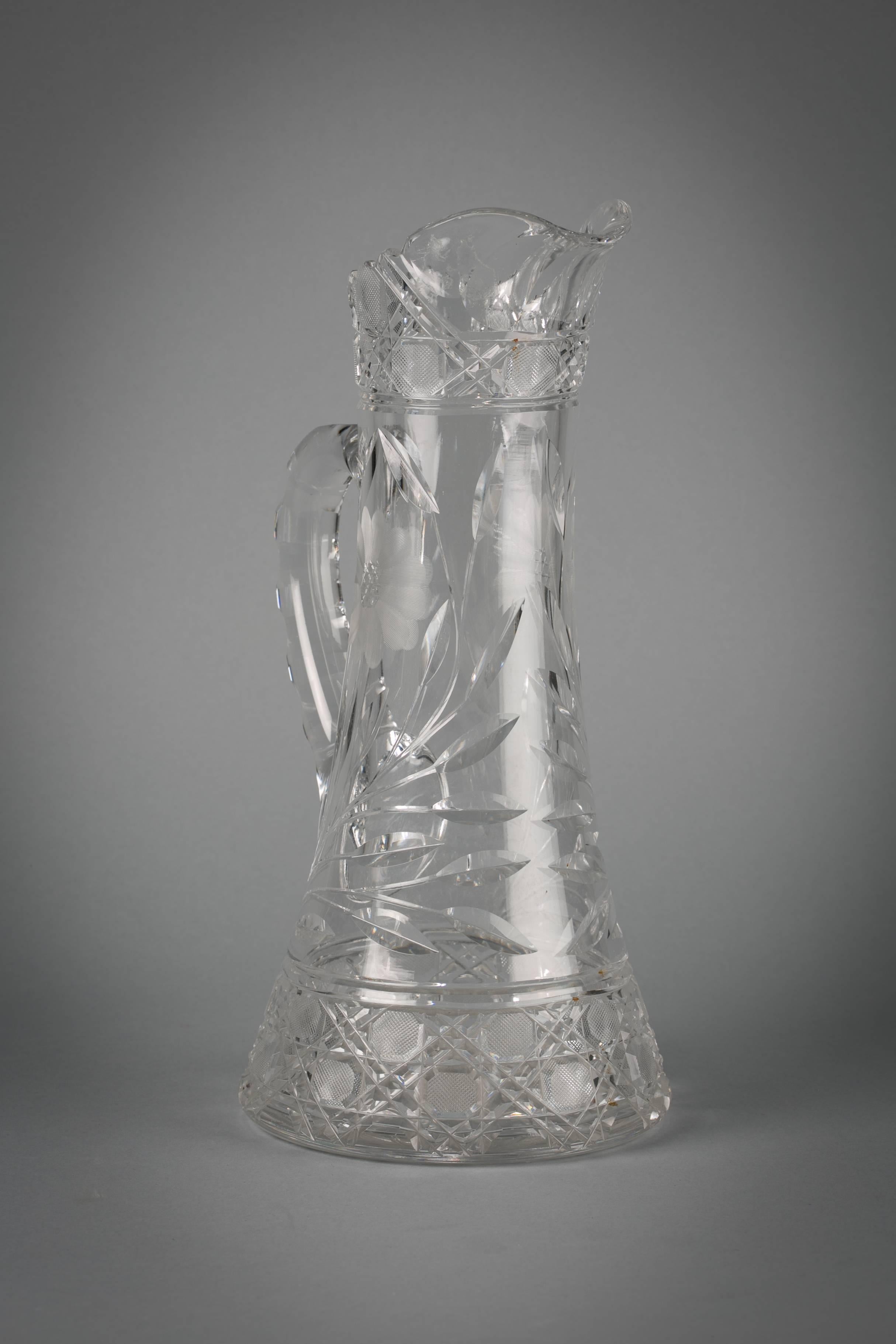 American brilliant cut and engraved glass pitcher with floral decoration, circa 1900.