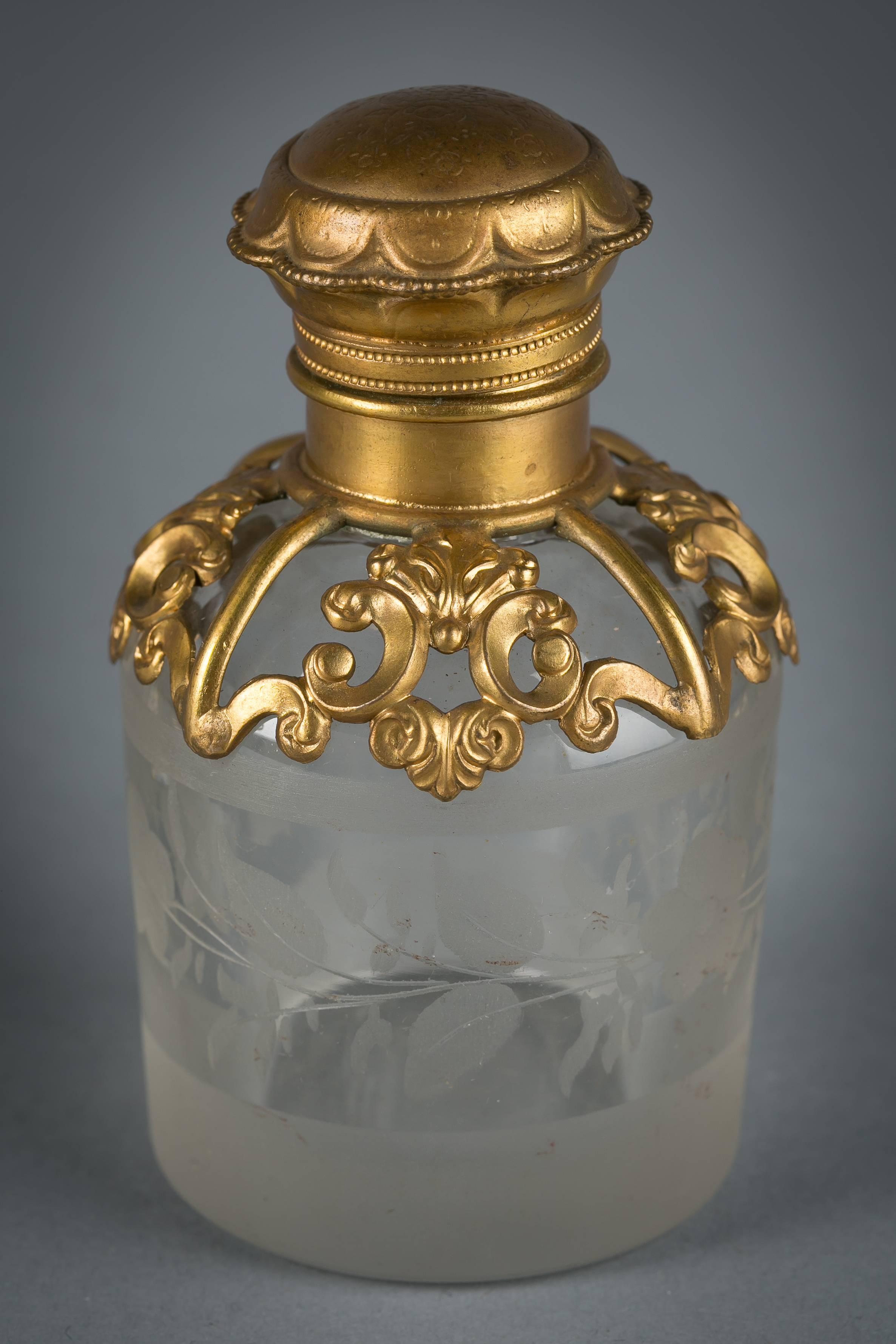 French Metal Mounted and Engraved Glass Perfume Bottle, circa 1890 In Excellent Condition In New York, NY