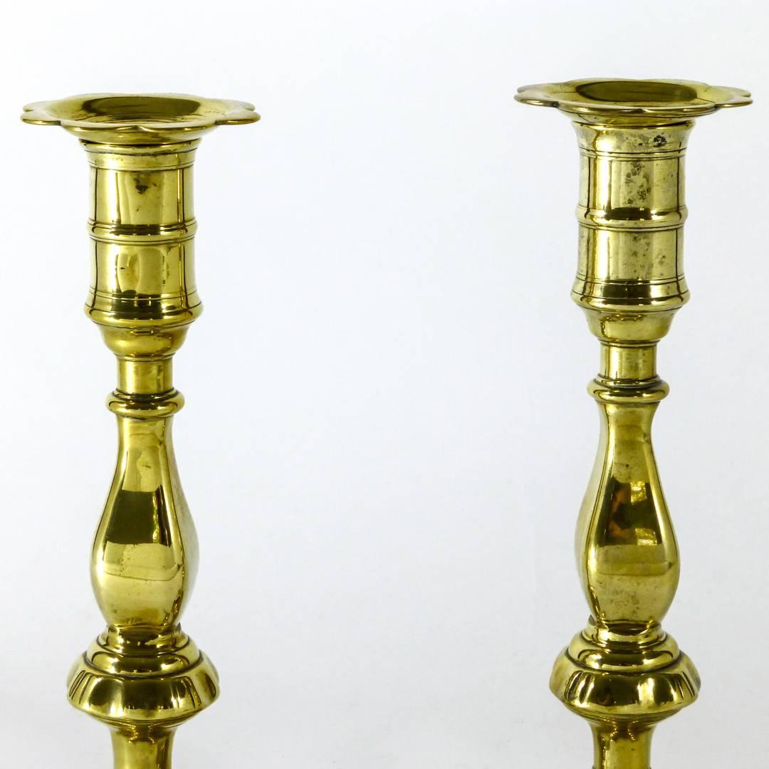 Unusual Pair of English Brass Queen Anne Candlesticks, circa 1765 2
