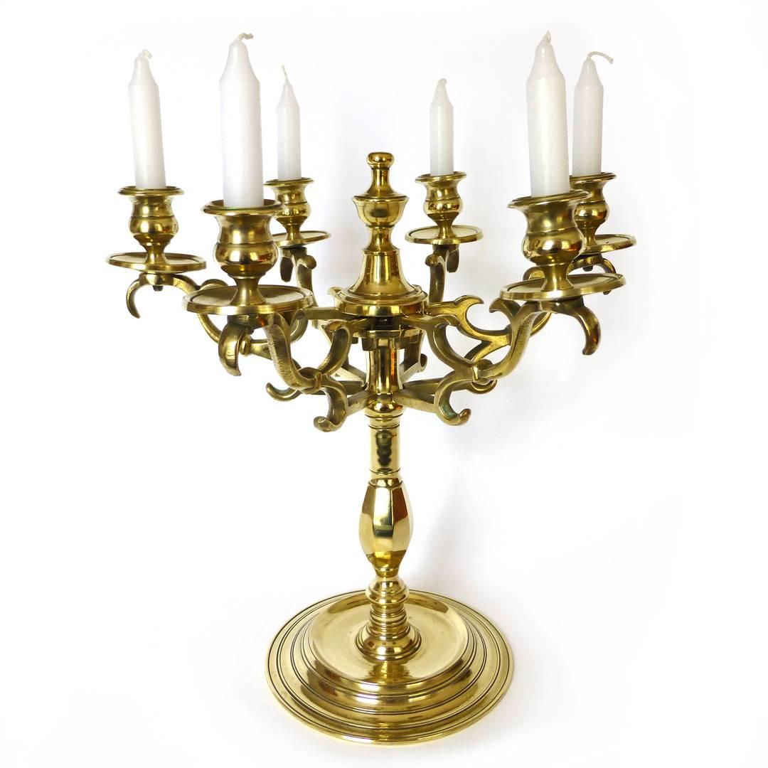 Fantastic Eastern European six-arm candelabra, circa 1780
Similar examples in “Masterpieces of Jewish Art and Art Metalware”
by A. Kantsedikas. Kiev. 1959. Plate 35.
Measures: Height 13”
DOB 6 5/8”
Diameter of arms 13?
Takes a 3/4” candle.