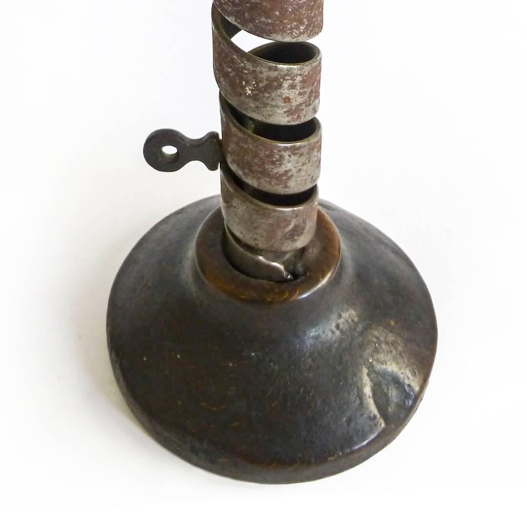 French wrought iron and wood base “Wind Up” candlestick,
circa 1800. Signed.
All original.
Measures: Height 7 3/8”, DOB 3 7/8”.