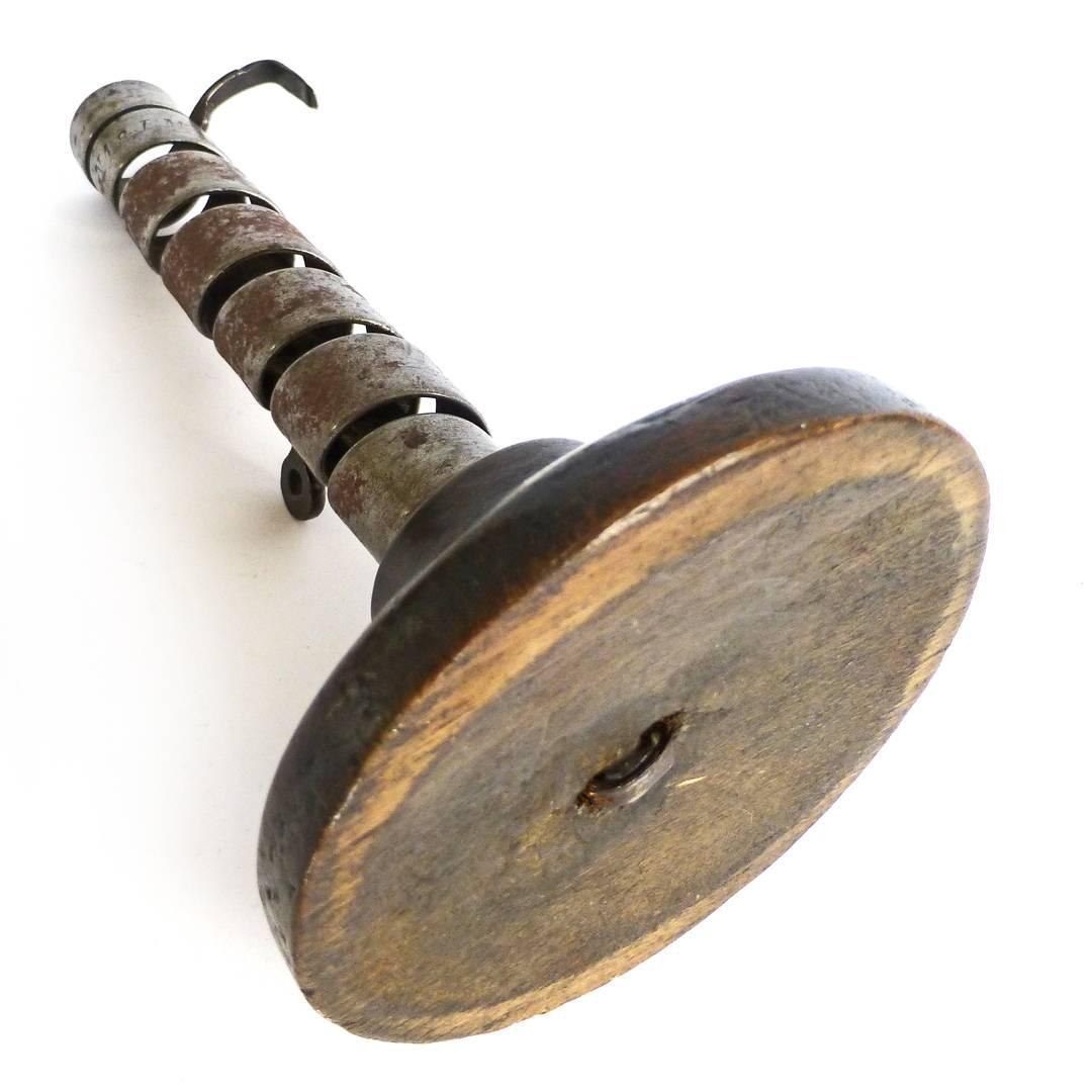 Early 19th Century French Wrought Iron and Wood Base “Wind Up” Candlestick, circa 1800 For Sale