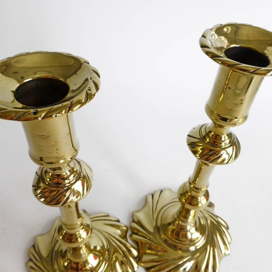 Queen Anne Rare Pair of English Brass Swirl Base Candlesticks, circa 1765