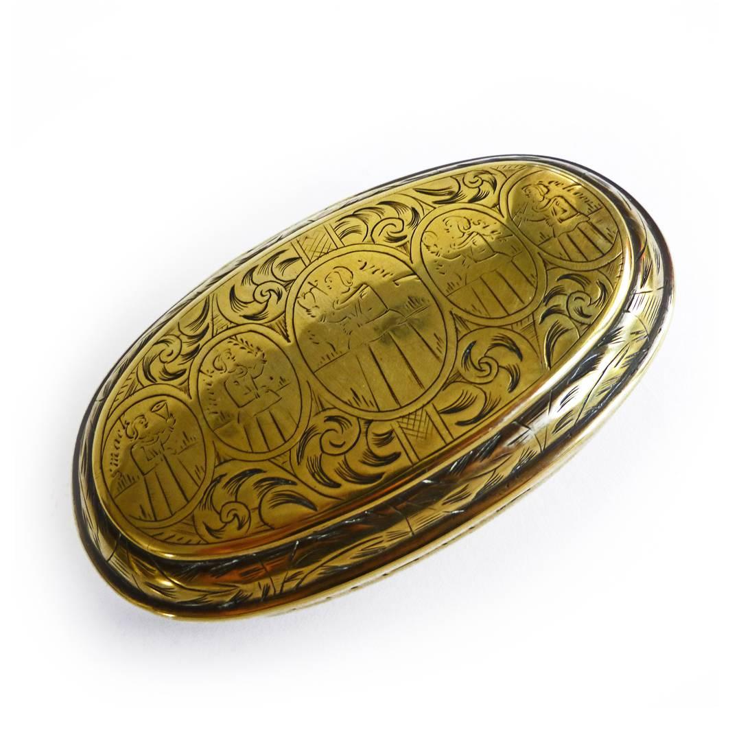 Dutch Engraved Brass Tobacco Box.
Great Condition. Circa 1740.
4 7/8” long 2 3/8” wide 1 1/2” tall