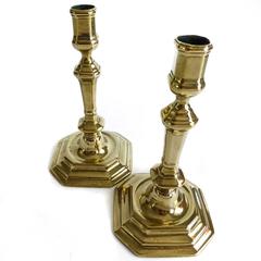 Pair of French Silver Form 18th Century Brass Candlesticks, circa 1740