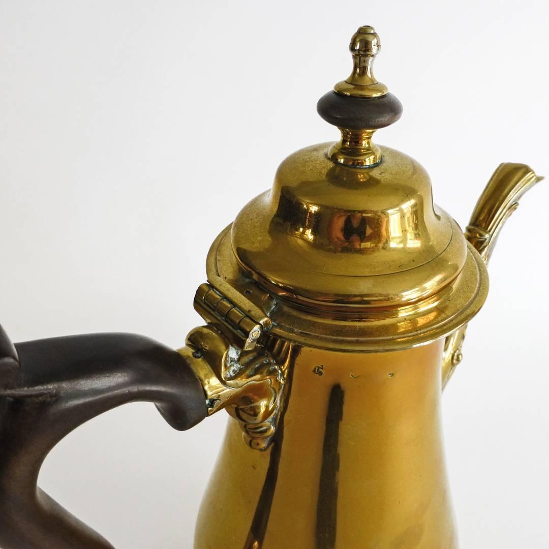 Mid-18th Century Exceptional Brass “Silver Form” English Coffee Pot with Pseudo Marks, 1755 For Sale