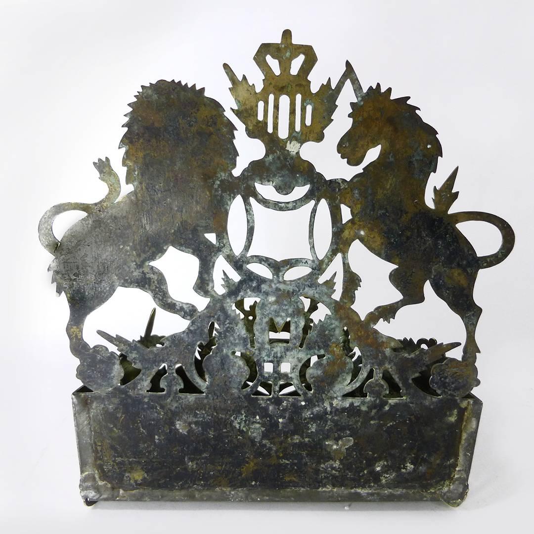 Very Rare Pierced Brass Wall Pocket with Scottish Coat of Arms, circa 1880 1