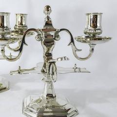 Pair of French Silvered Brass Two-Arm Bouillotte Candlesticks, circa 1850