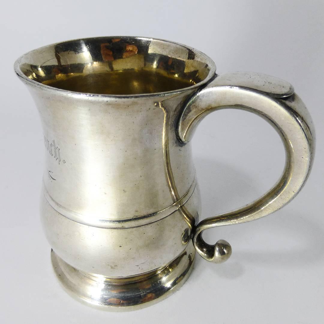 Rare Silvered Pint Capacity American Pewter Mug, Engraved, 1791 For Sale 2