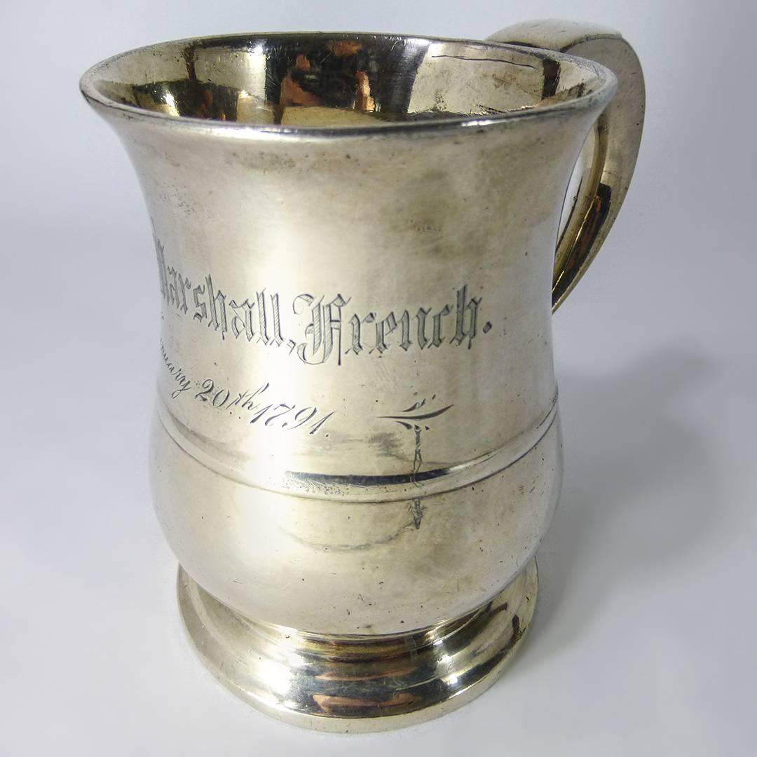 Rare Silvered Pint Capacity American Pewter Mug, Engraved, 1791 For Sale 5