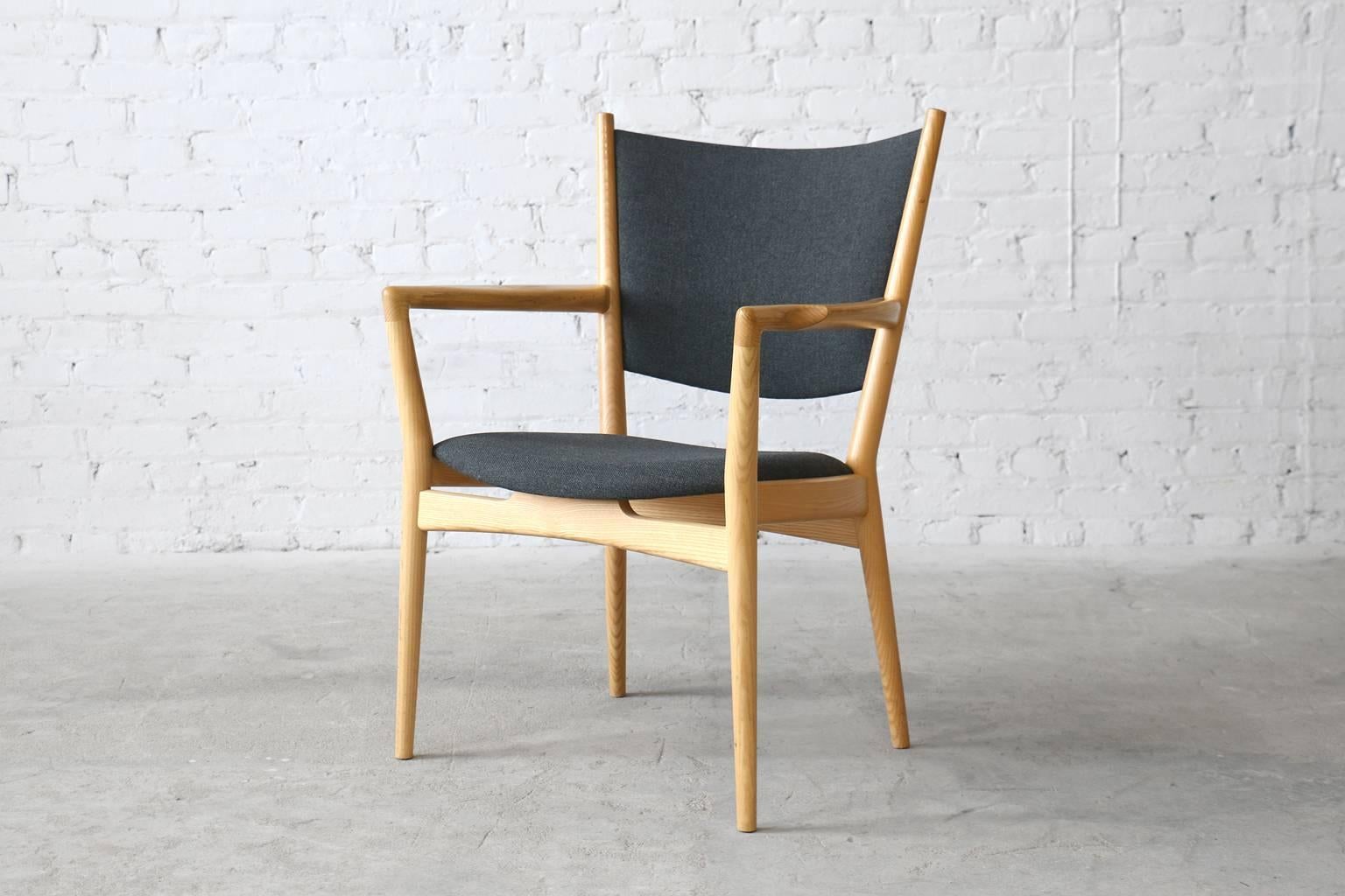 - model PP240
- designed in 1990
- solid ash frame
- original Danish wool upholstery

A set of six Hans Wegner PP240 vintage Danish modern ash armchairs for PP Møbler. This comfortable armchair design was one of Wegner's last chair designs and