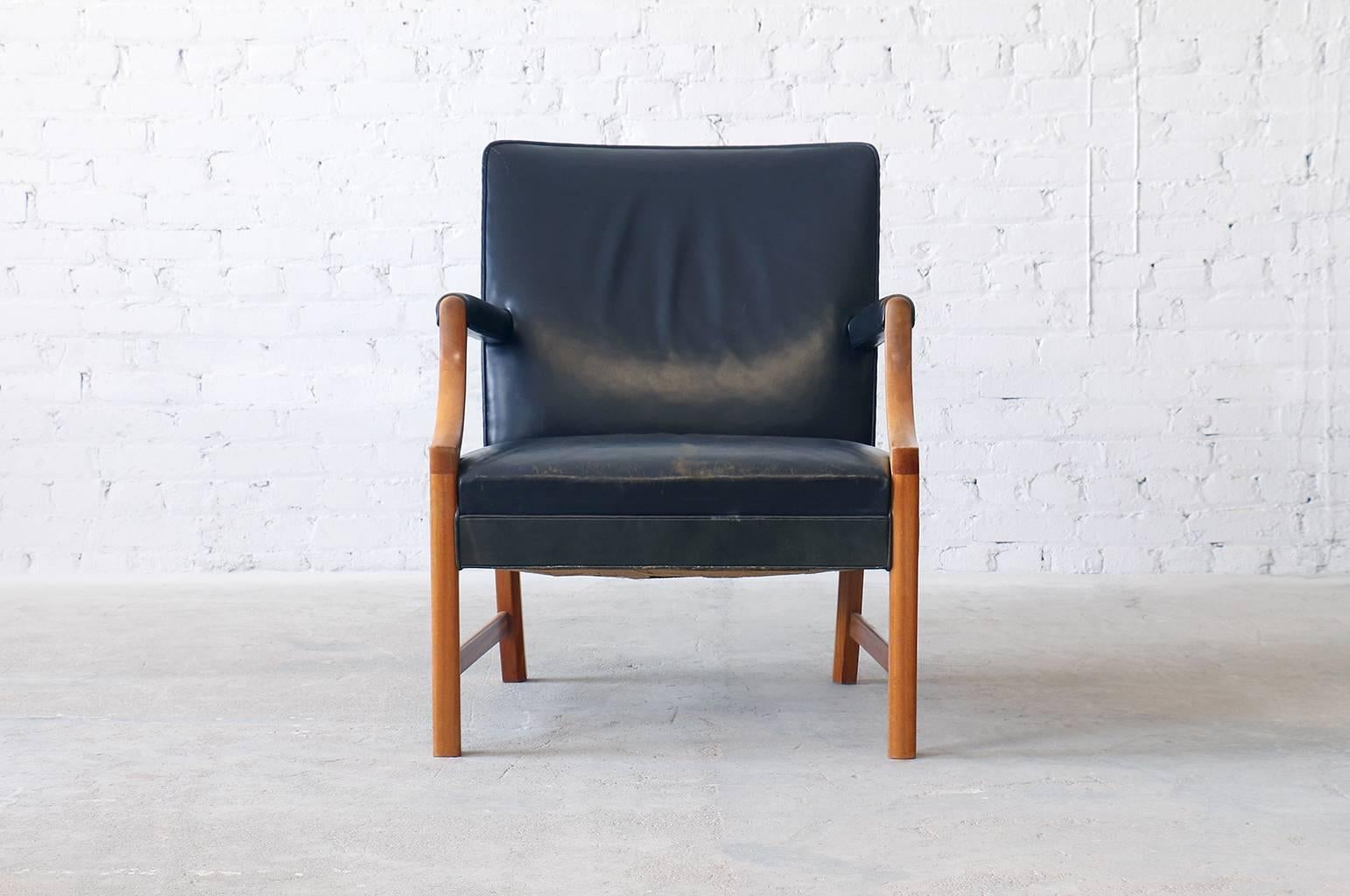20th Century Ole Wanscher AJ Iversen Mahogany and Leather Easy Chair Danish Vintage Modern For Sale