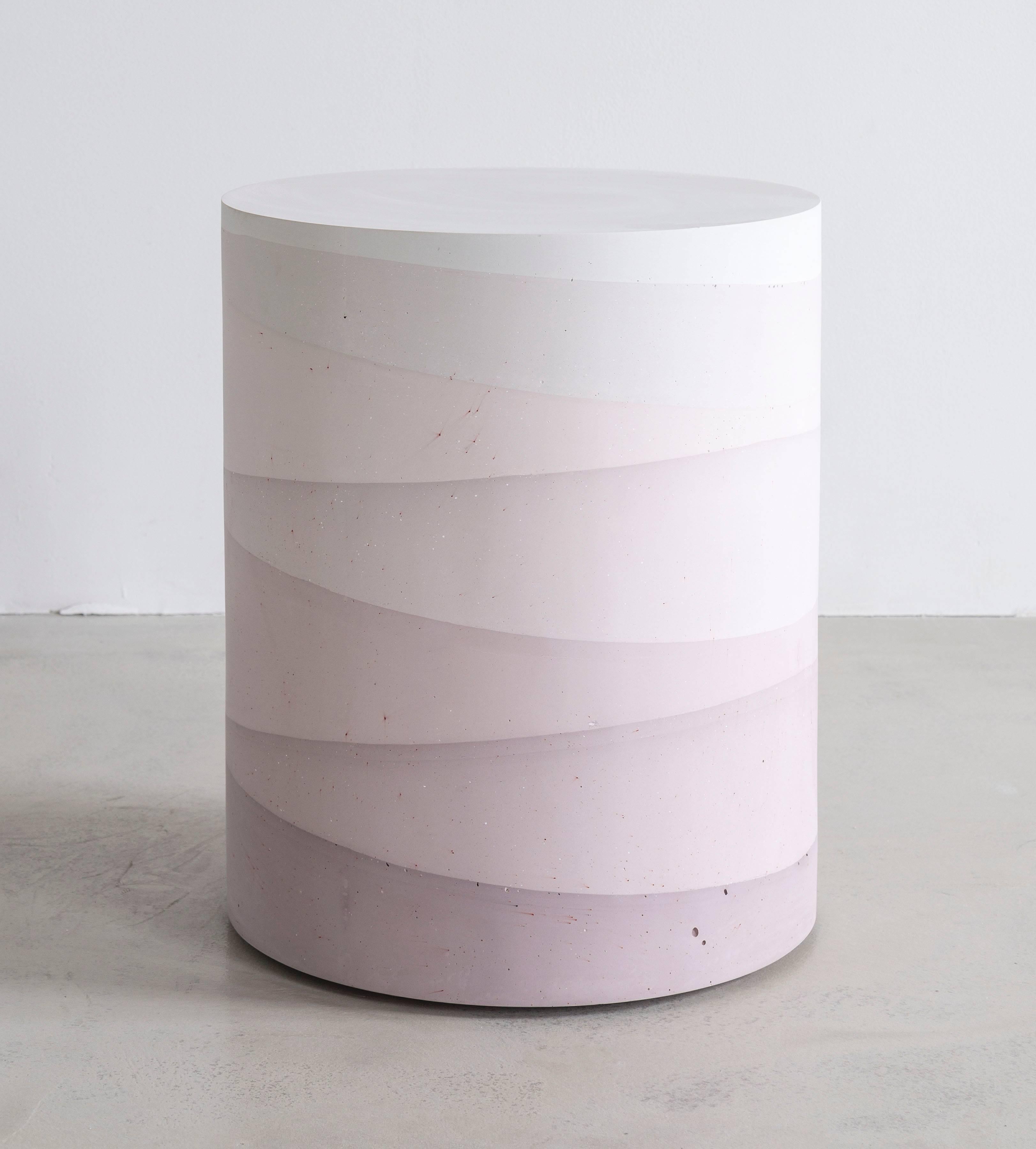 This made-to-order drum consists of hand-dyed cement, poured in layers to create an ombre watercolor effect. The piece has a hollow cavity and weighs approximately 40lbs. 4-6 weeks lead time. Custom options available, please inquire with the studio.