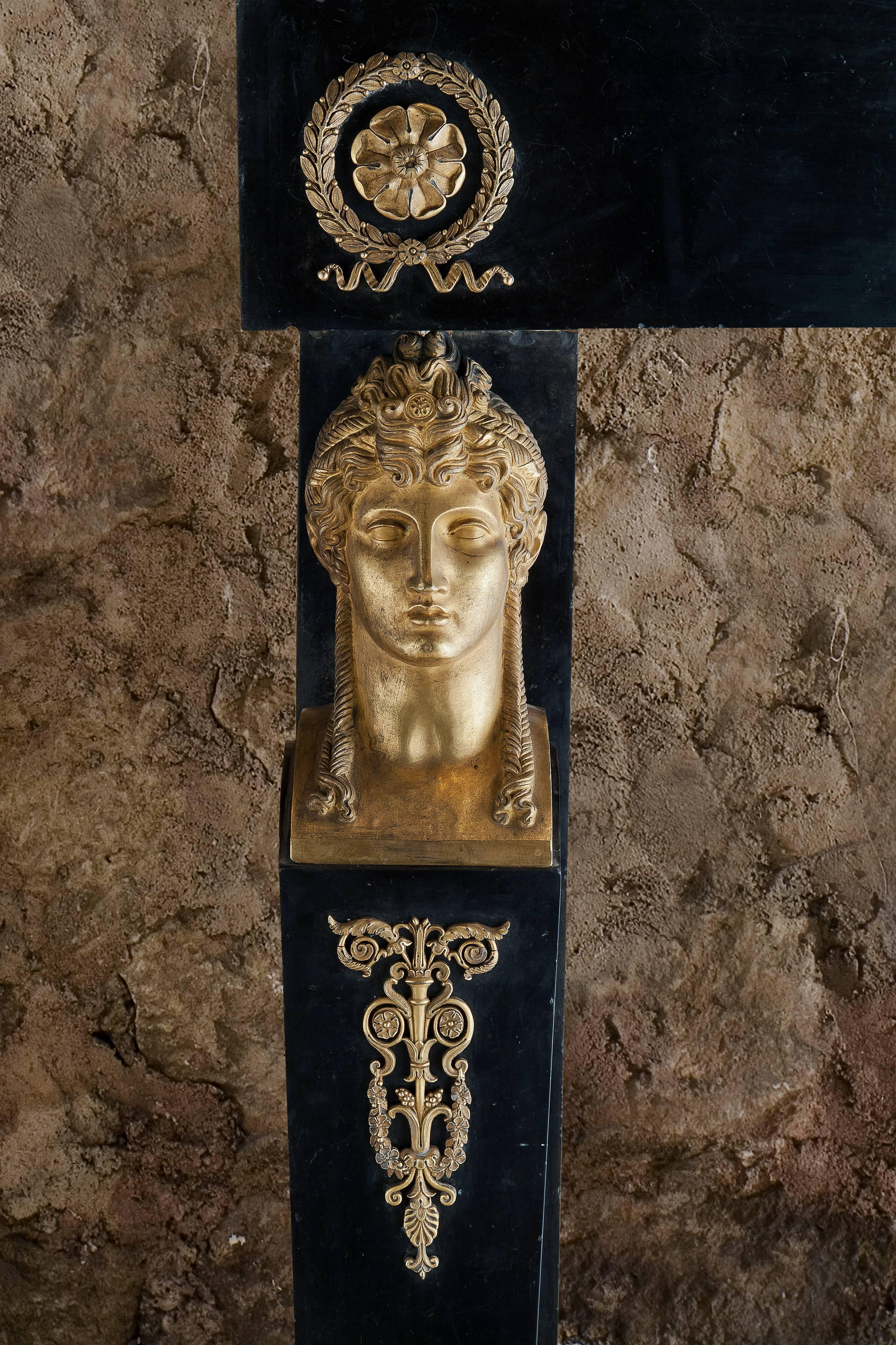 European Beautiful Fireplace in Black Marble with Gilded Bronze, 19th Century For Sale