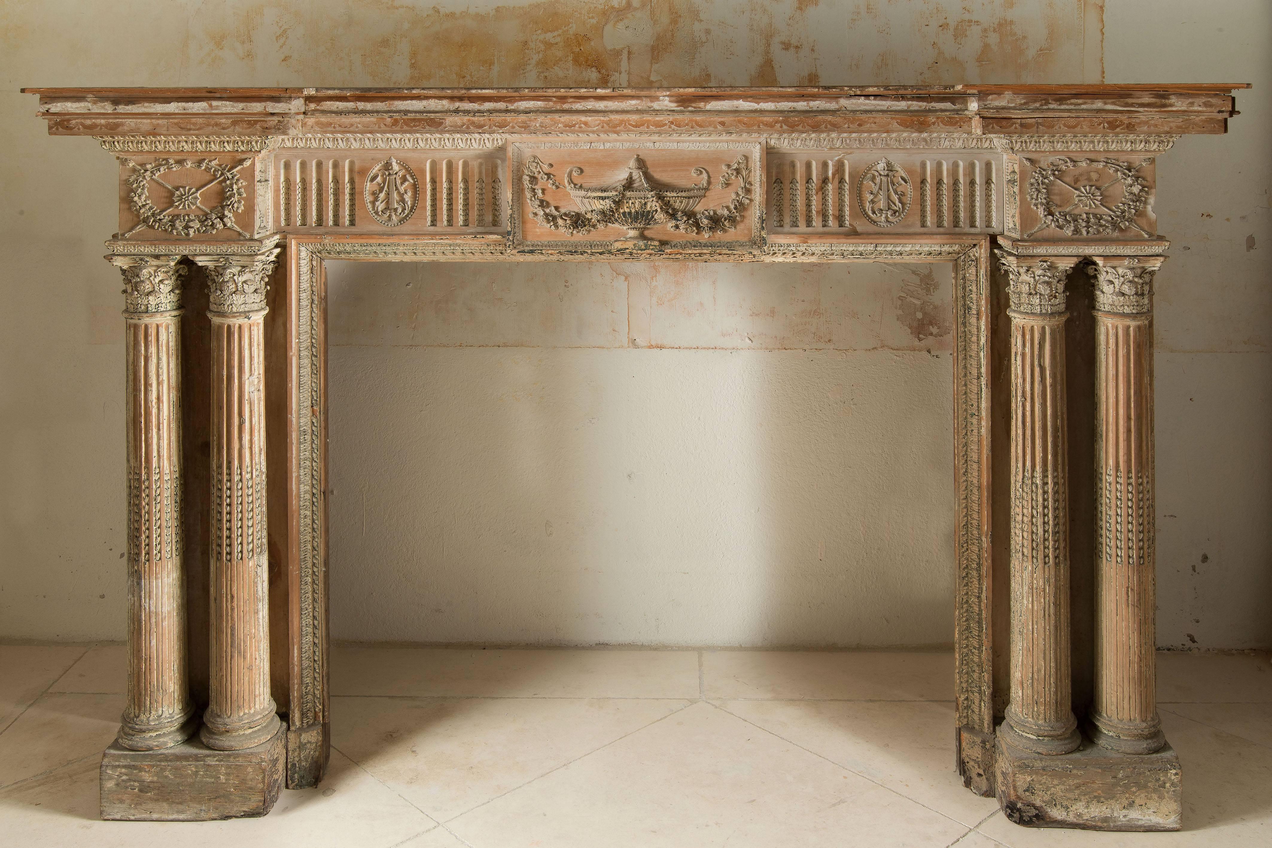 18th Century English Fireplace in Wood and Pitch Pin, Late 18th-Early 19th Century For Sale