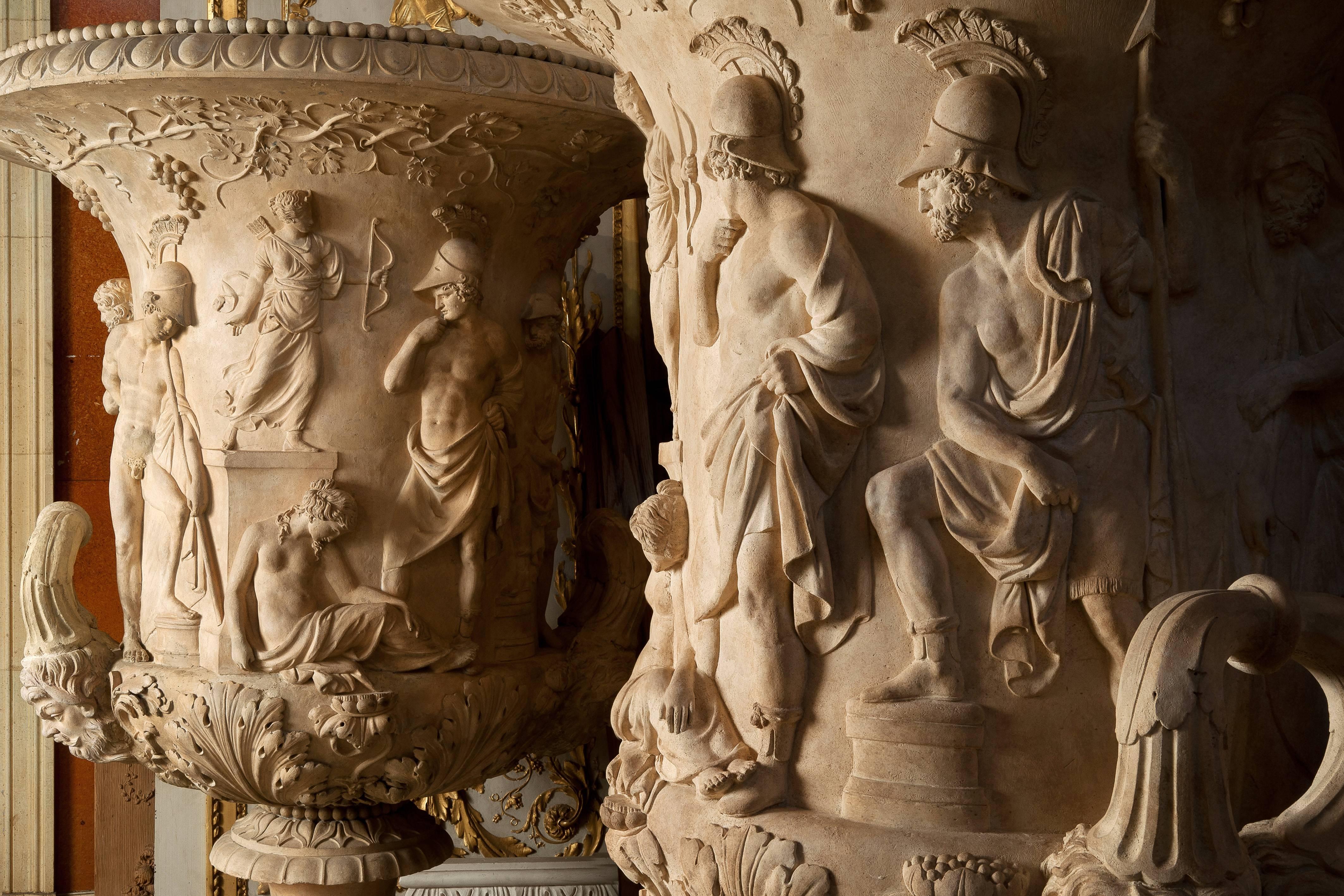 These two Medicis vases are in Terracotta.
The two pieces were separated and then gathered together from two place of origins:
One from a noble English family.
One from a noble French family.
They are richly decorated, in a pure Medicis style.