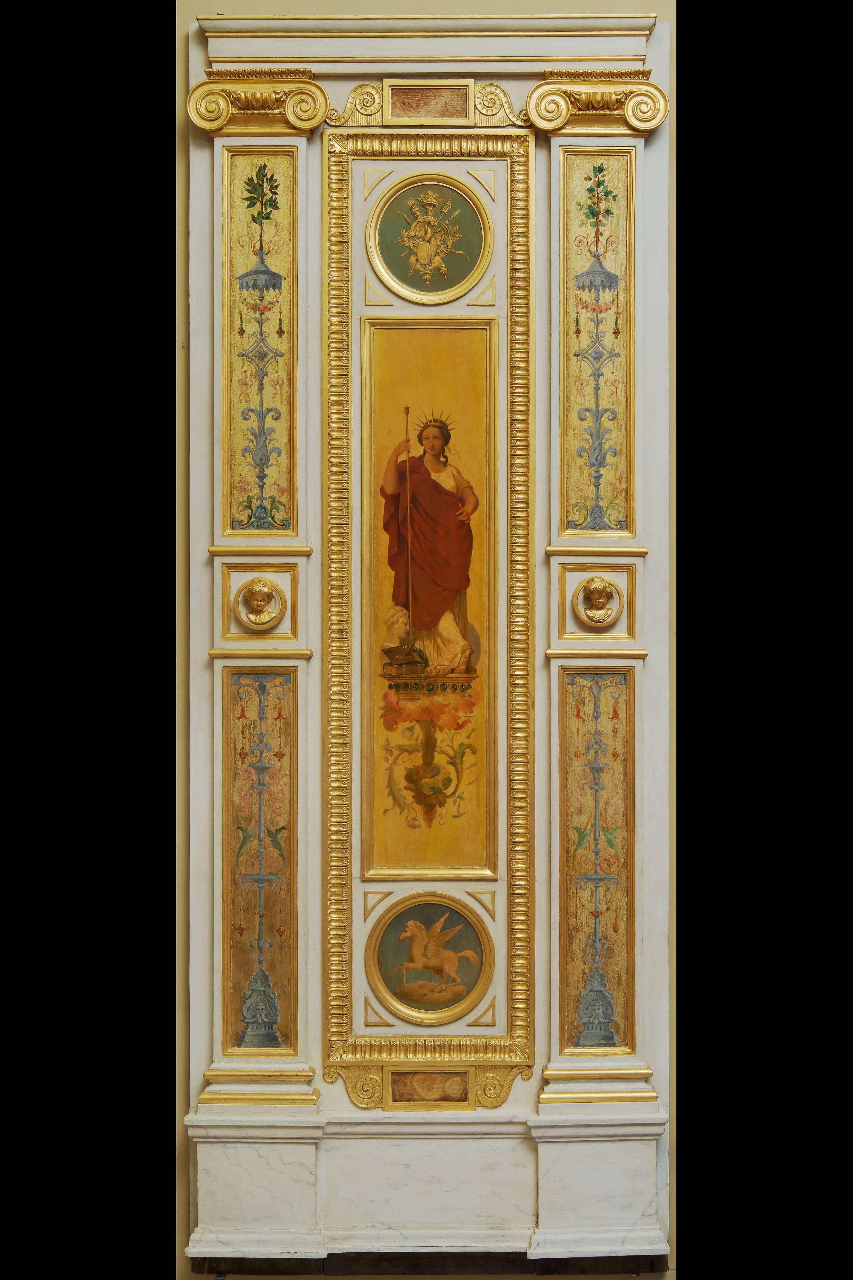 This entire set of "boiserie" decoration is painted and gilded, told "Aux Cinq Continents."
It is all painted in polychrome technic. 
The set:
Five panels composed of one central panel and two pilasters 233/91 cm.
Ten simple