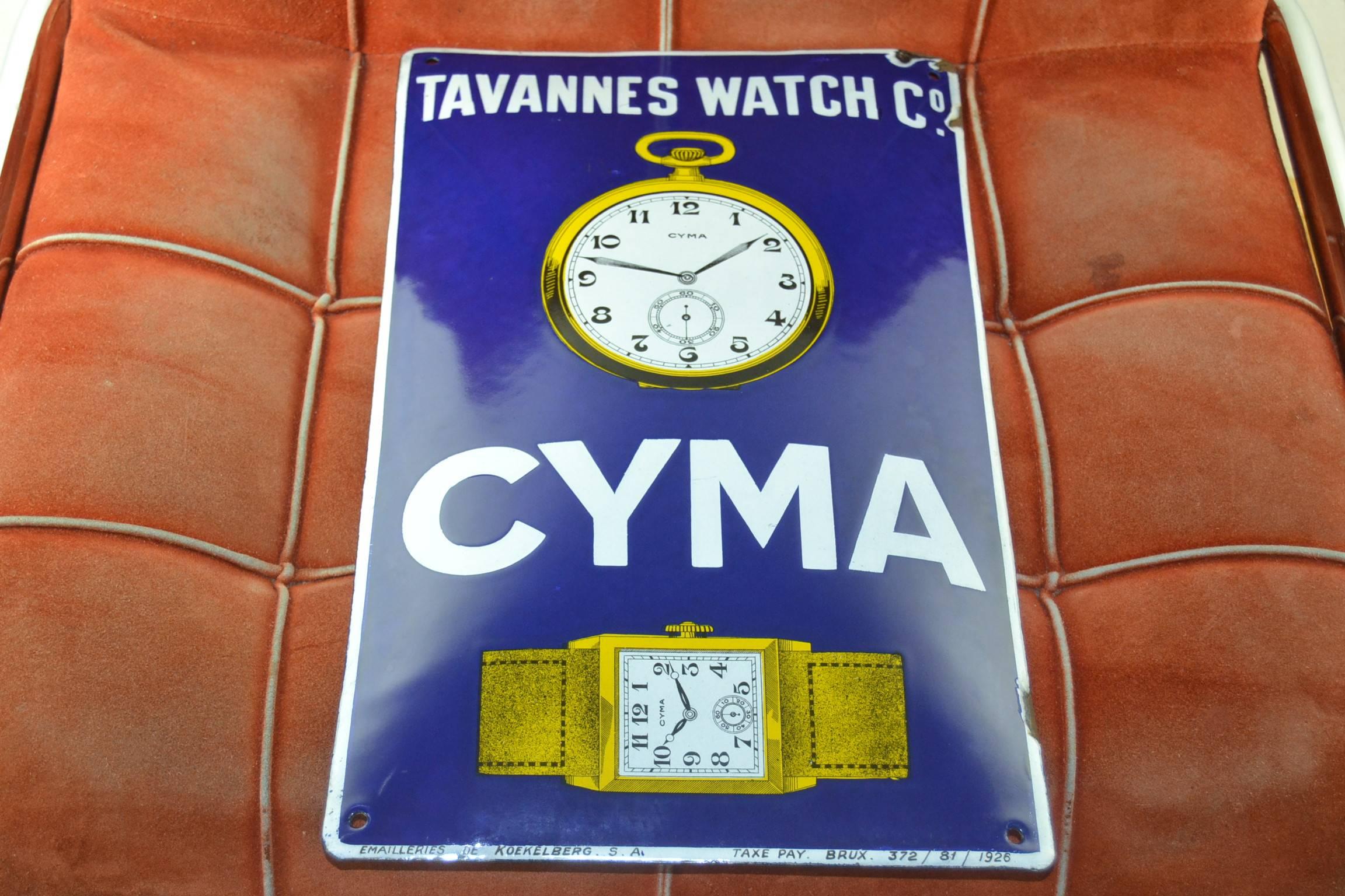 Superb Porcelain Advertising Sign from 1926 - Tavannes Watch Co. - CYMA
Signed : Emailleries De Koekelberg. S.A. - Taxe Pay. Brux. 372/81/1926.

In almost perfect condition, wear consistent age and use.

Around the 1930s, little by little ,