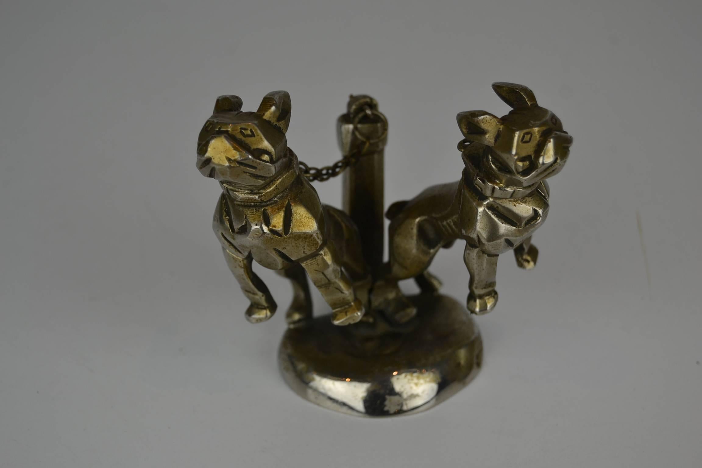 Metal 1920s Car Mascot, Chained French Bulldogs, Hood Ornament