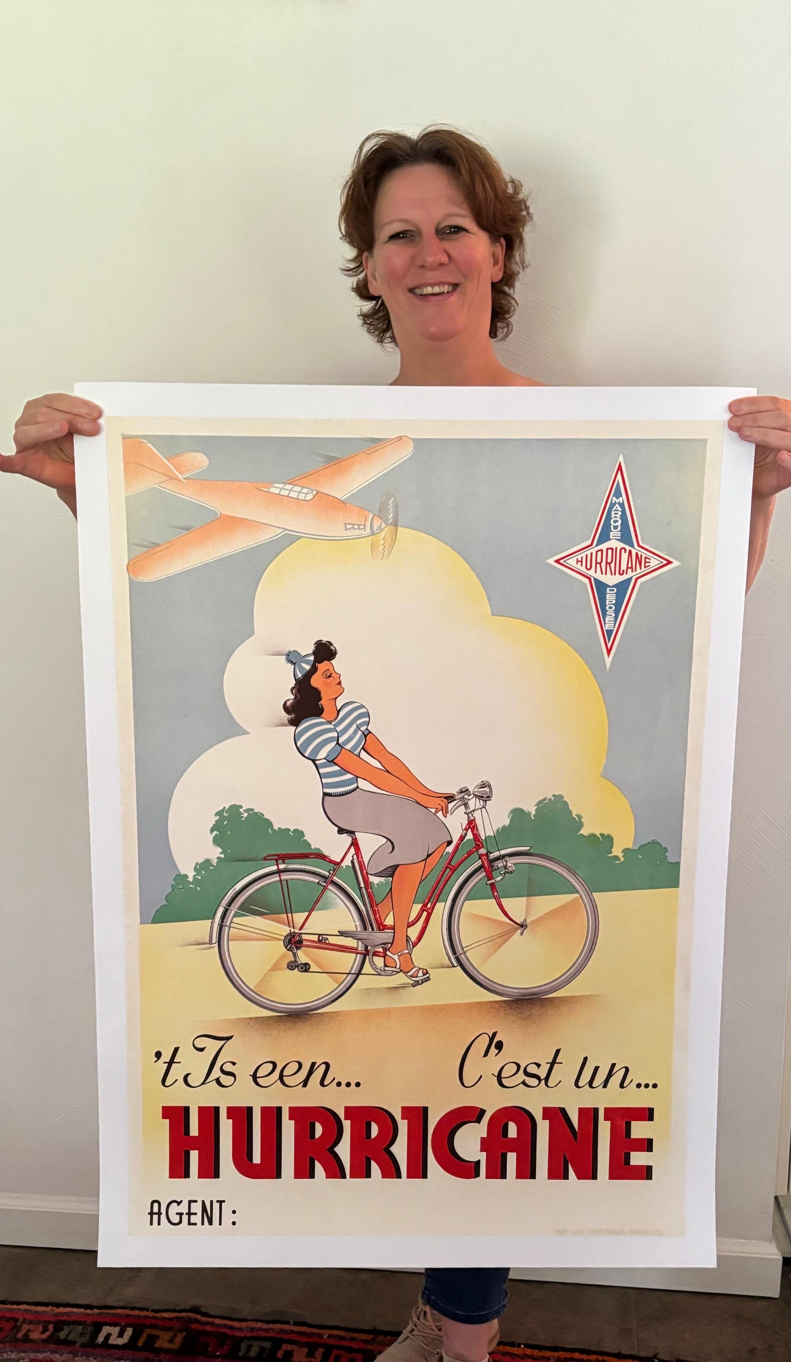 Bicycles Hurricane poster from the 1950s.
An original old  Belgian poster for bicycles, 
already linen backed so ready to be framed. 

Vintage bicycle poster with a lady on her red ladies Hurricane bike, while cycling in the nature with the sun at