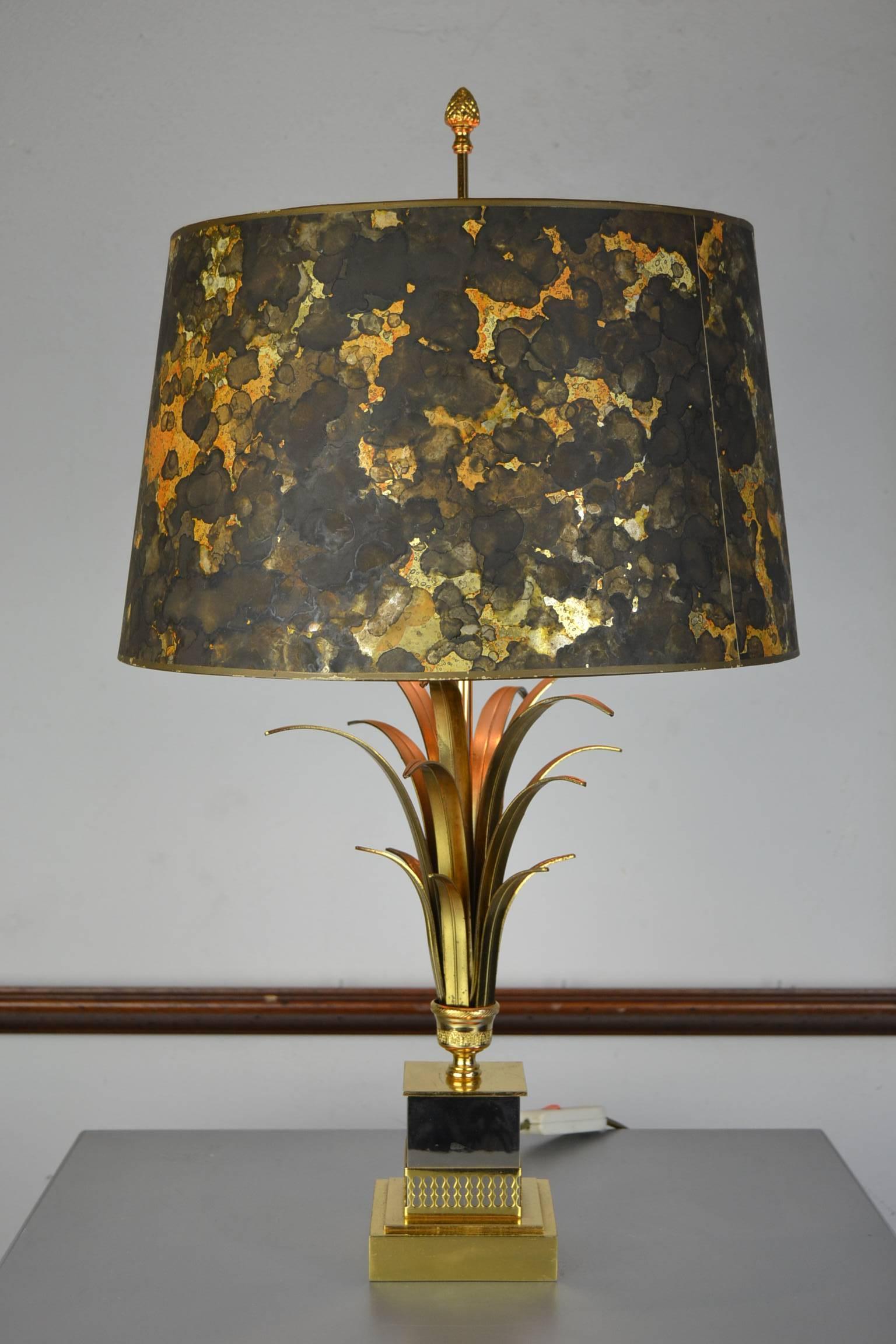 Pineapple Leaf Table Lamp, Brown and Gold Lampshade, Maison Charles Style, 1960s 7
