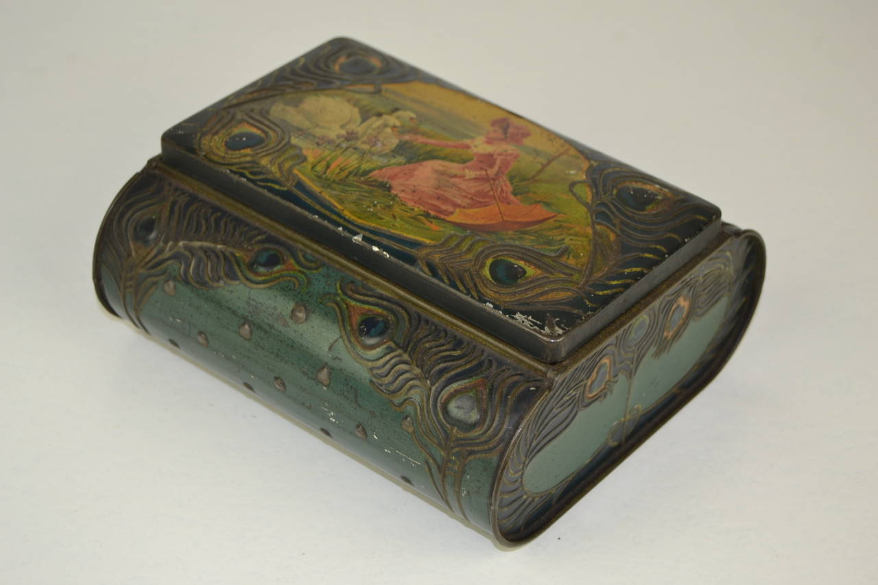 Art Nouveau Biscuit Tin with Lady and Swans for Biscuits De Beukelaer , Belgium, Early 20th 