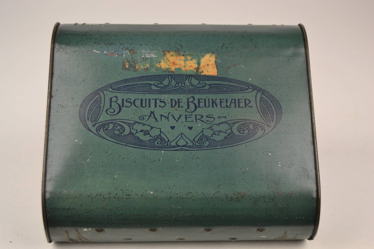Belgian Biscuit Tin with Lady and Swans for Biscuits De Beukelaer , Belgium, Early 20th 