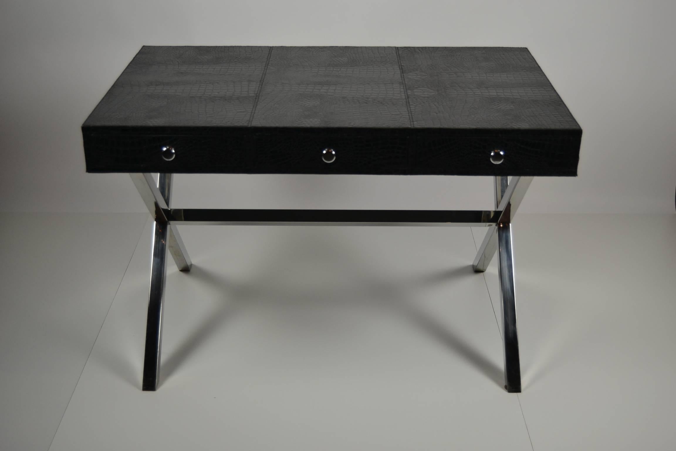 Stunning Black Leather Desk Table with Crocodile pattern on chrome X base with 3 drawers - Classy peace for Office or Home - out of production.