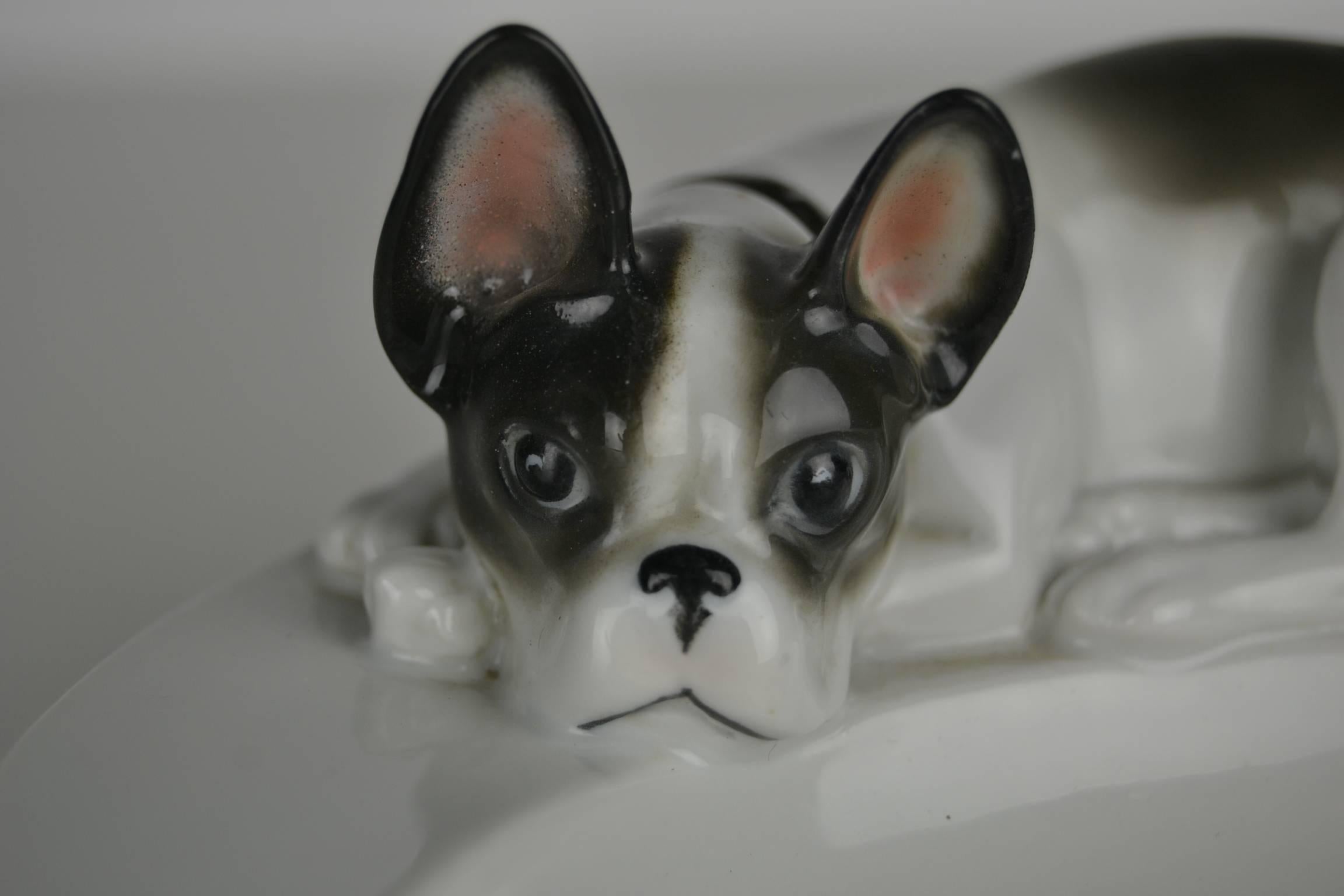 Weißer Porzellan-Aschenbecher mit liegender französischer Bulldogge auf dem Deckel. 
Dieser Art-Déco-Aschenbecher stammt aus den 1930er Jahren und wurde in Deutschland von der Porzellan- und Fayencefabrik Pfeffer Gotha hergestellt. Dieser