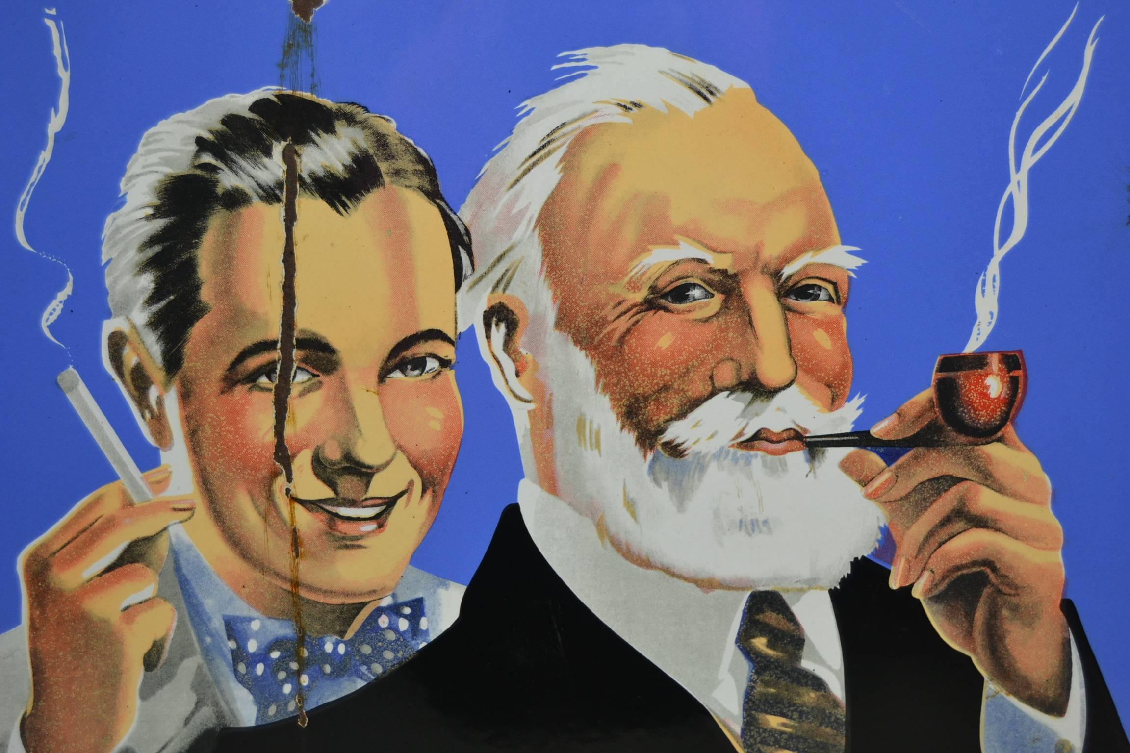 Vintage nice looking Enamel Advertising Sign for tobacco.
Beautiful design of two men smoking a sigaret and a pipe.
Ajja tobacco sign is dated  ( 1950 )  and made for the British American Tobacco Belgium Company Odon Warland.

